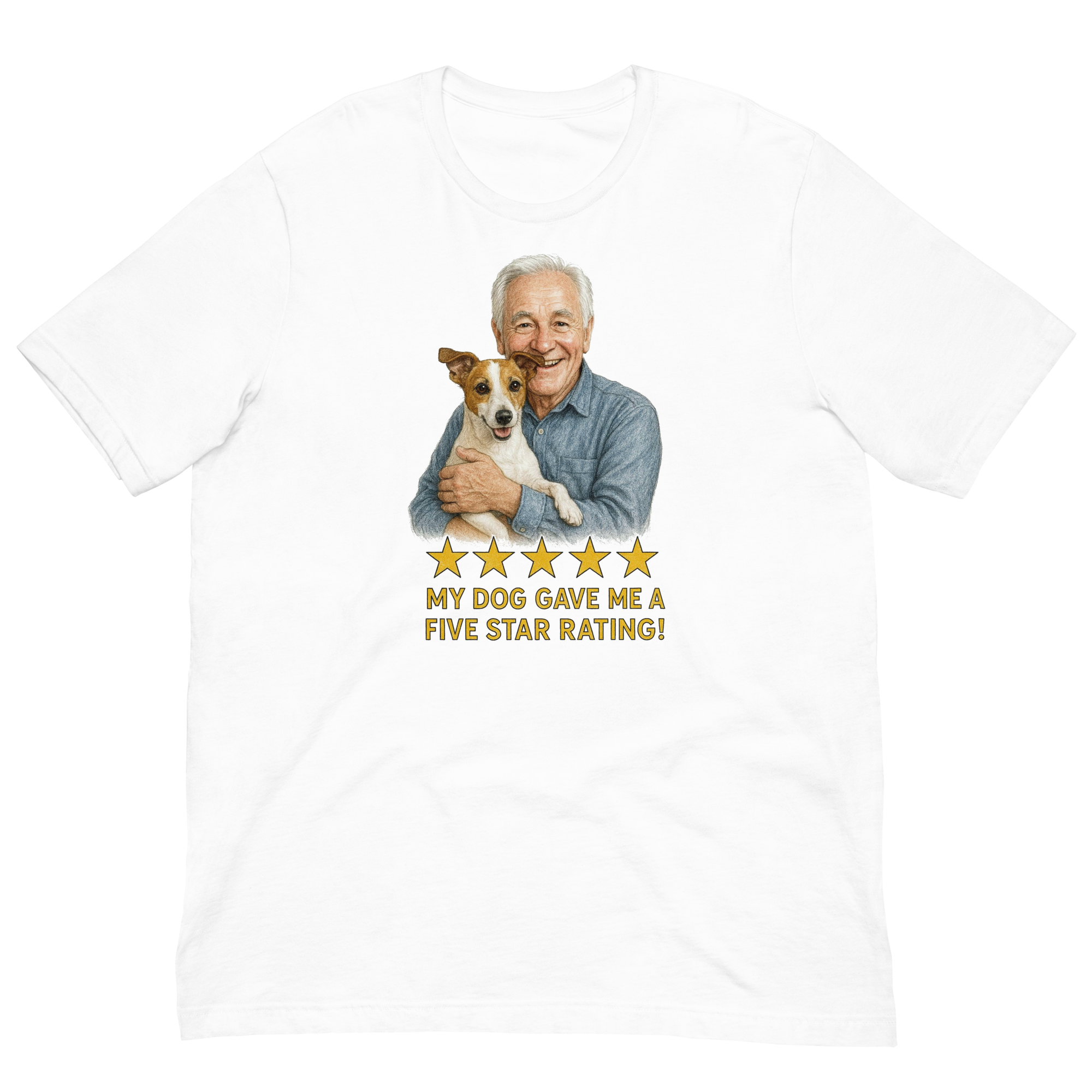 White Hair Man with Jack Russell Terrier graphic tee.