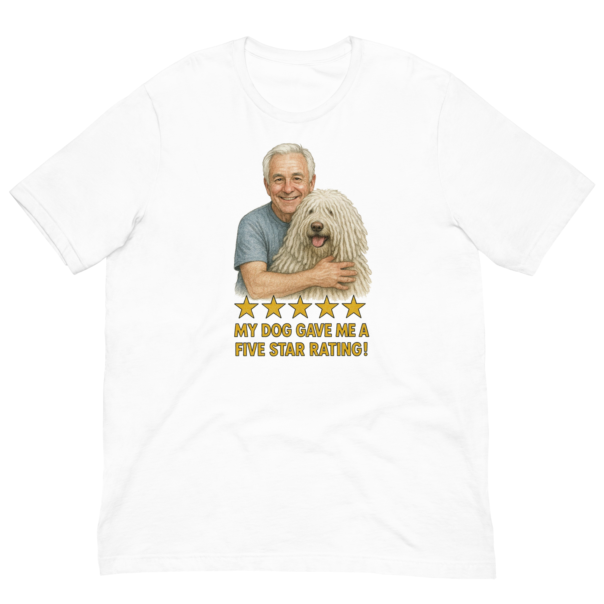 White Hair Man with Komondor graphic tee.