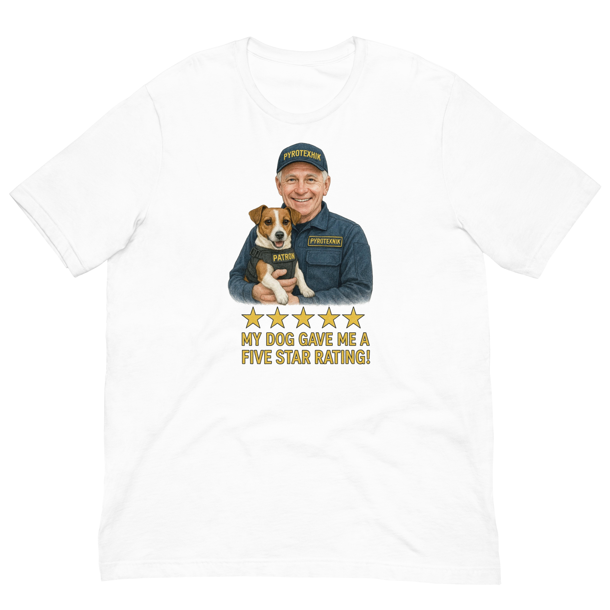 White Hair Man with Patron graphic tee.