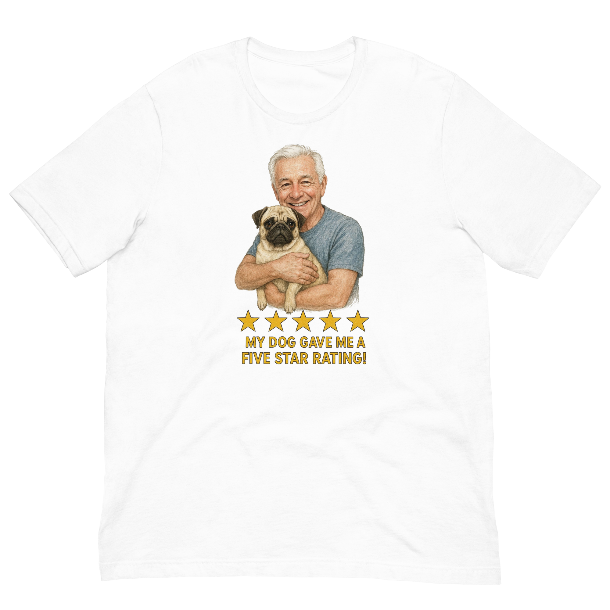 White Hair Man with Pug graphic tee.