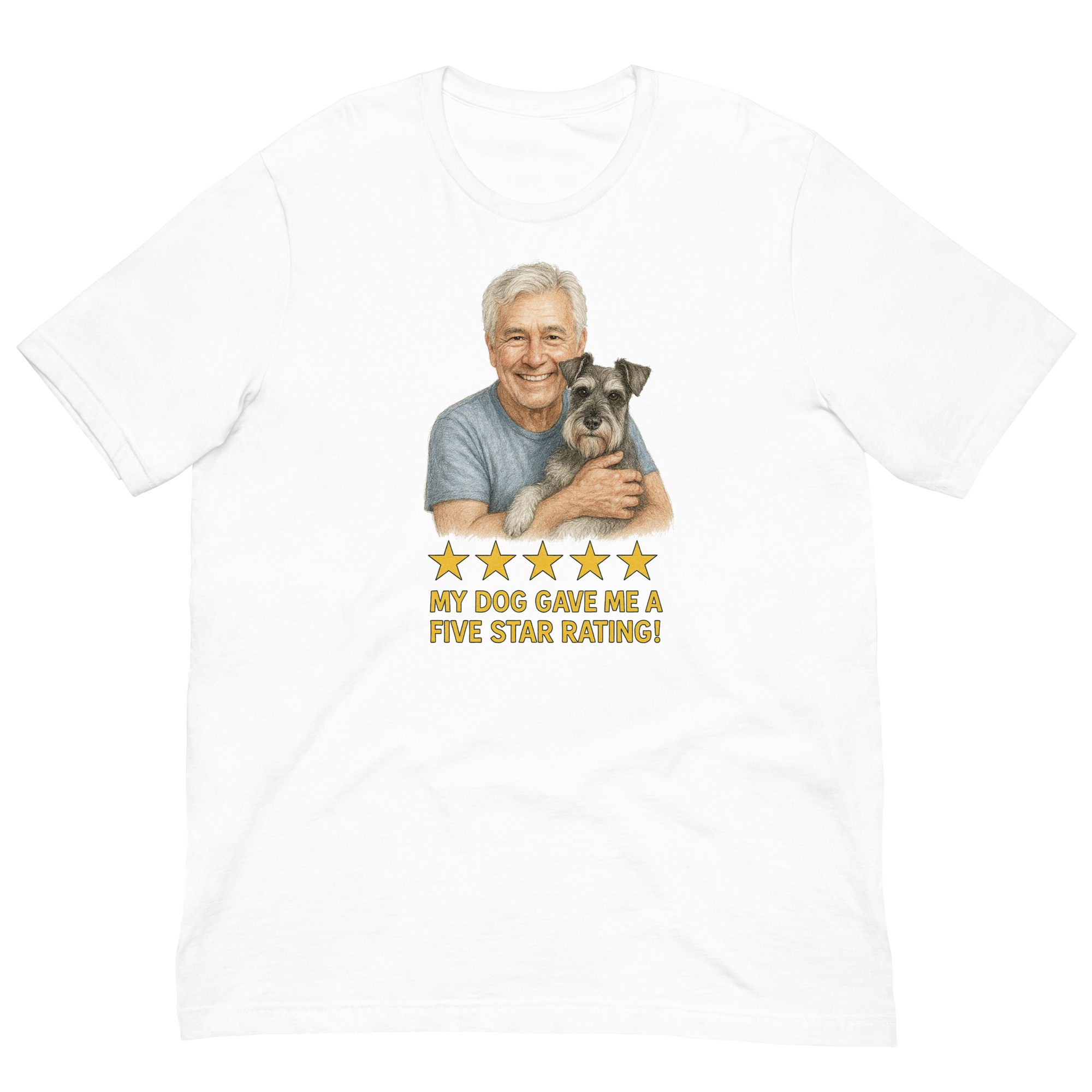 White Hair Man with Schnauzer graphic tee.