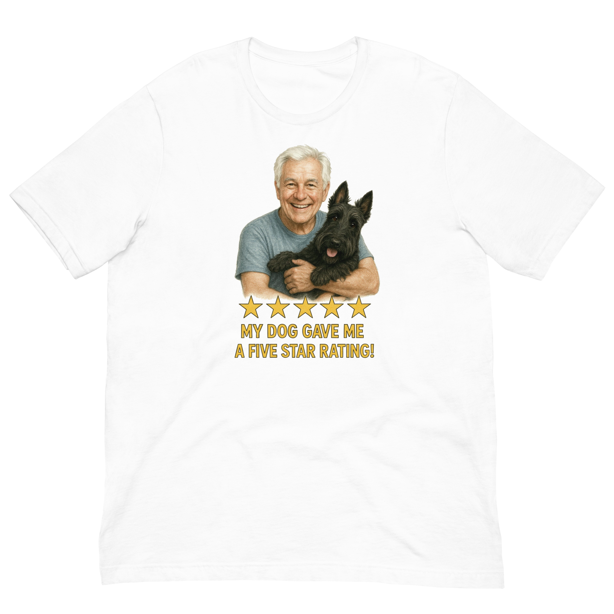 White Hair Man with Scottie graphic tee.