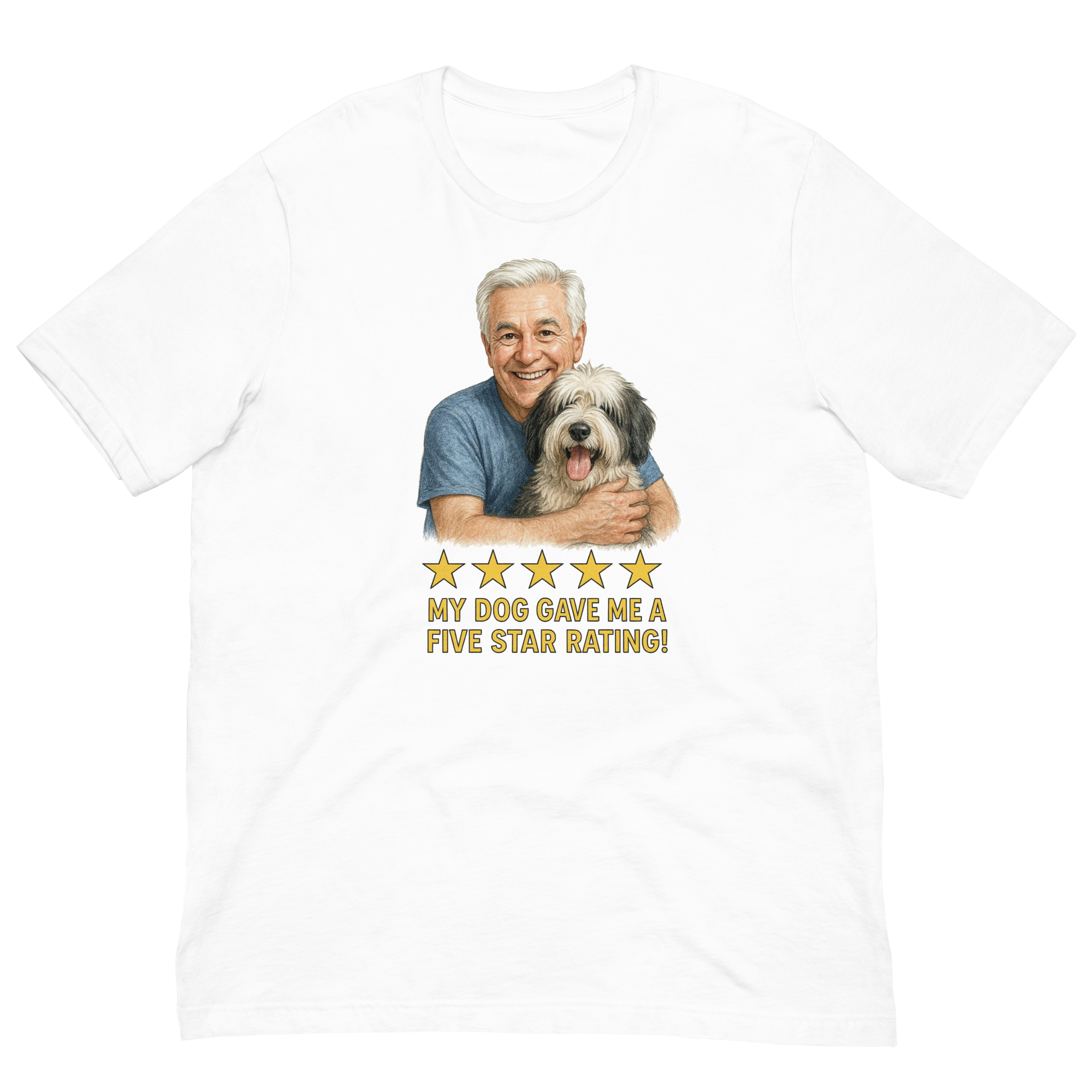 White Hair Man with Sheepdog graphic tee.