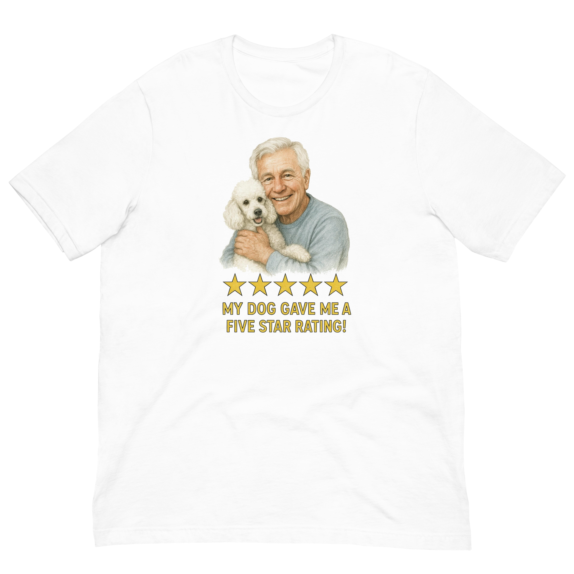 White Hair Man with White Poodle graphic tee.