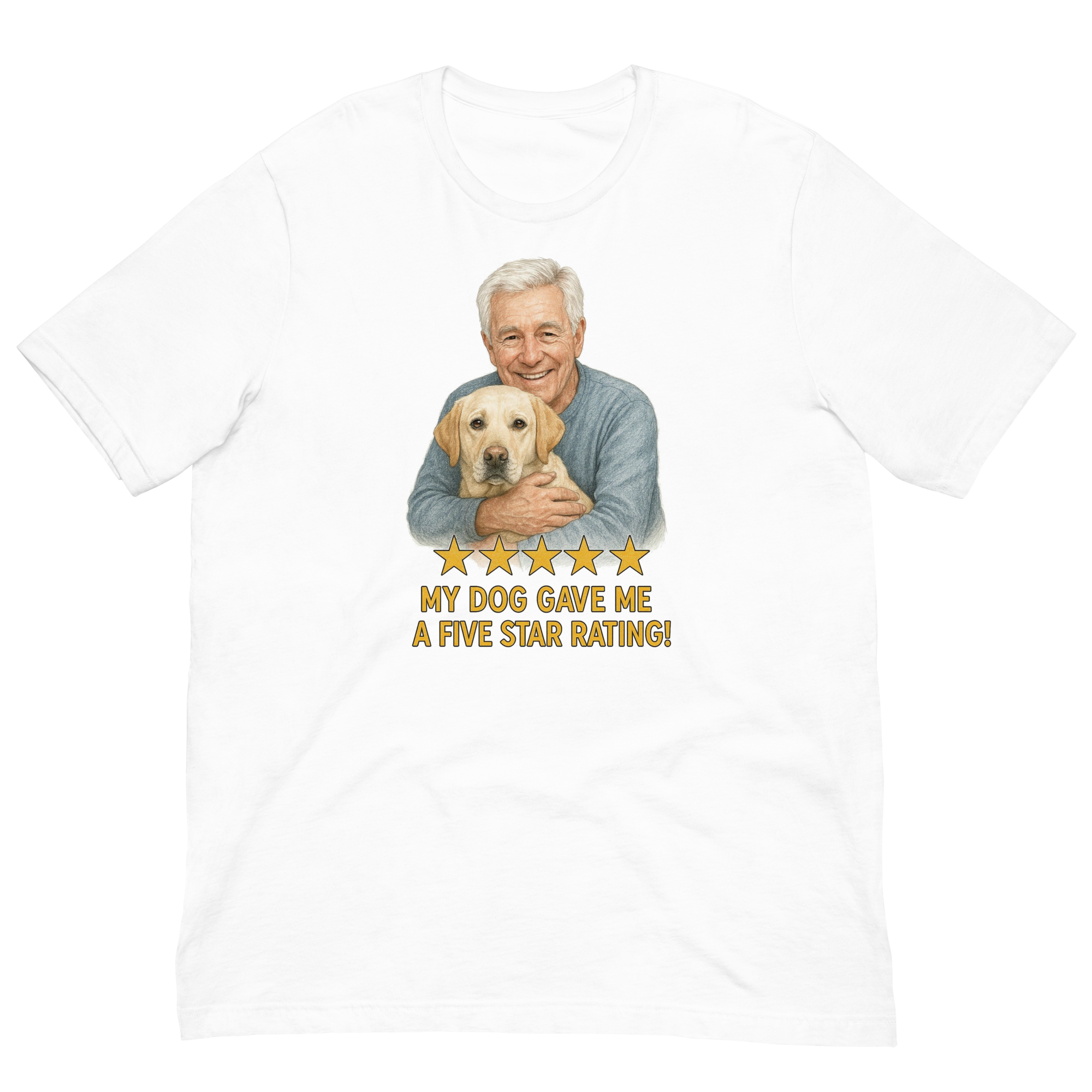 White Hair Man with Yellow Labrador graphic tee.