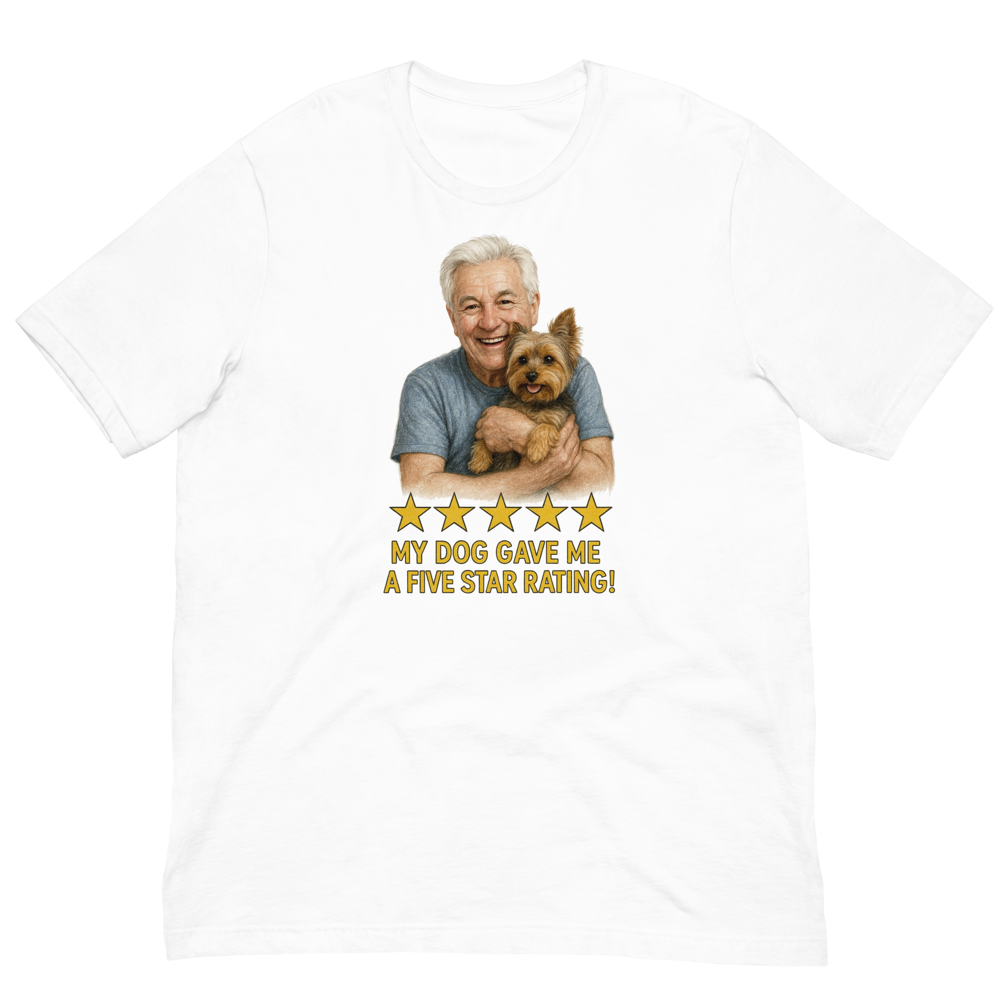 White Hair Man with Yorkie graphic tee.