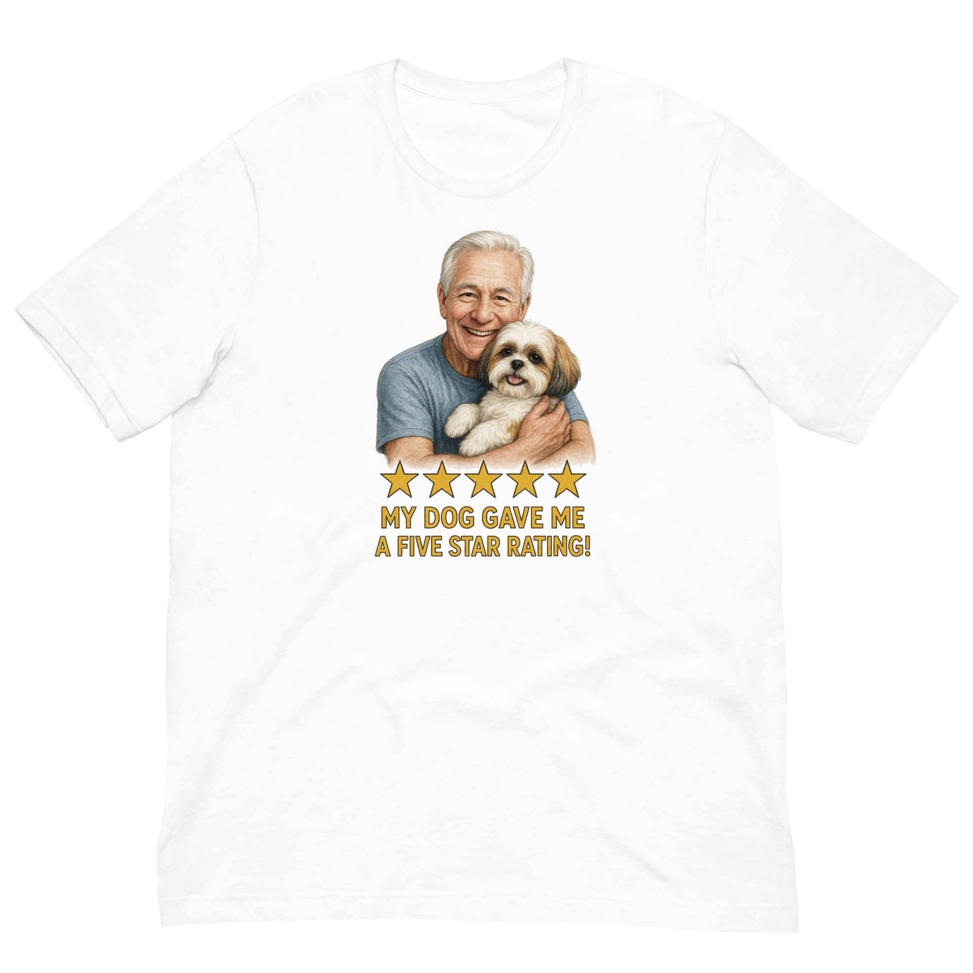 White Hair Man with Shih Tzu graphic tee.