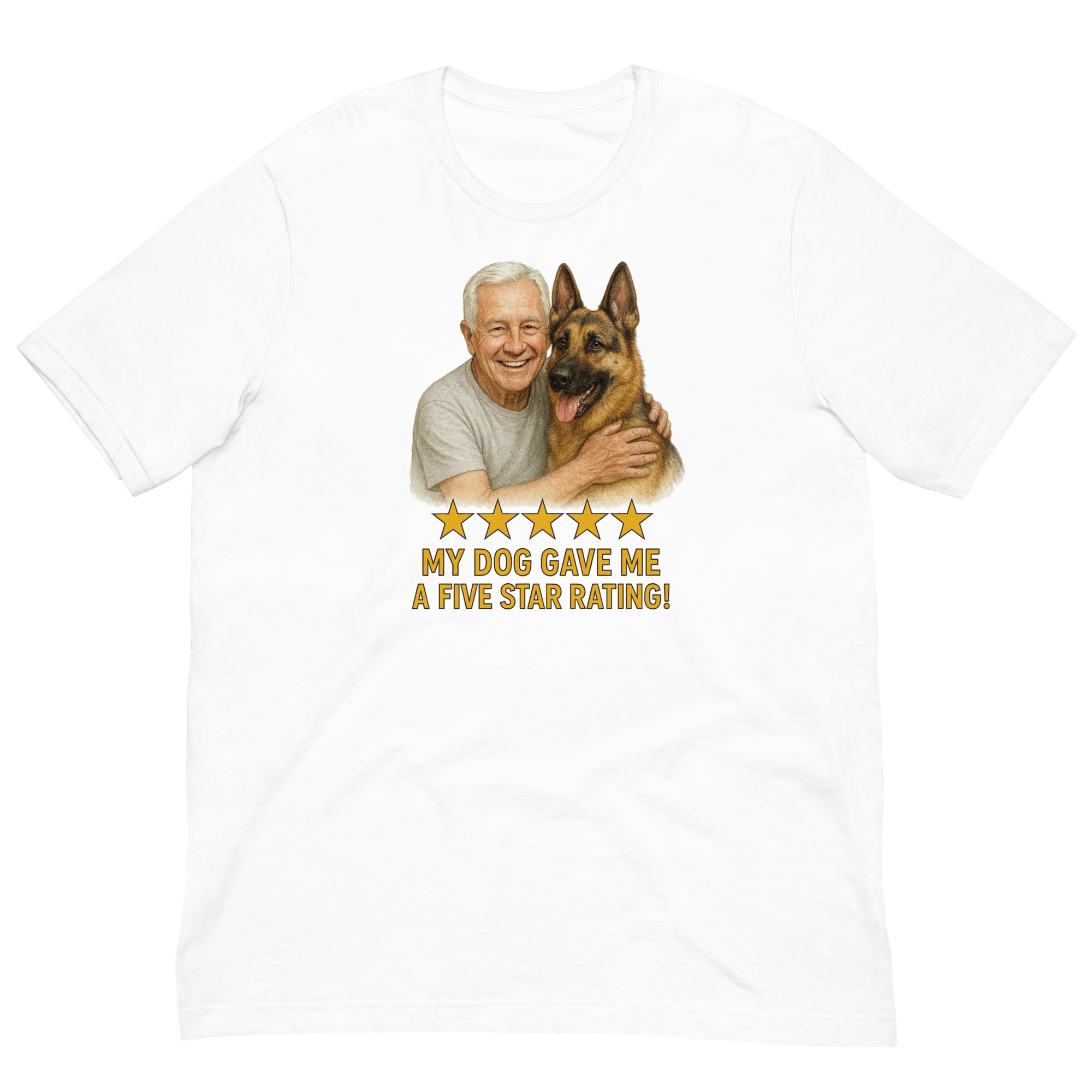 White Hair Man with German Shepherd graphic tee.