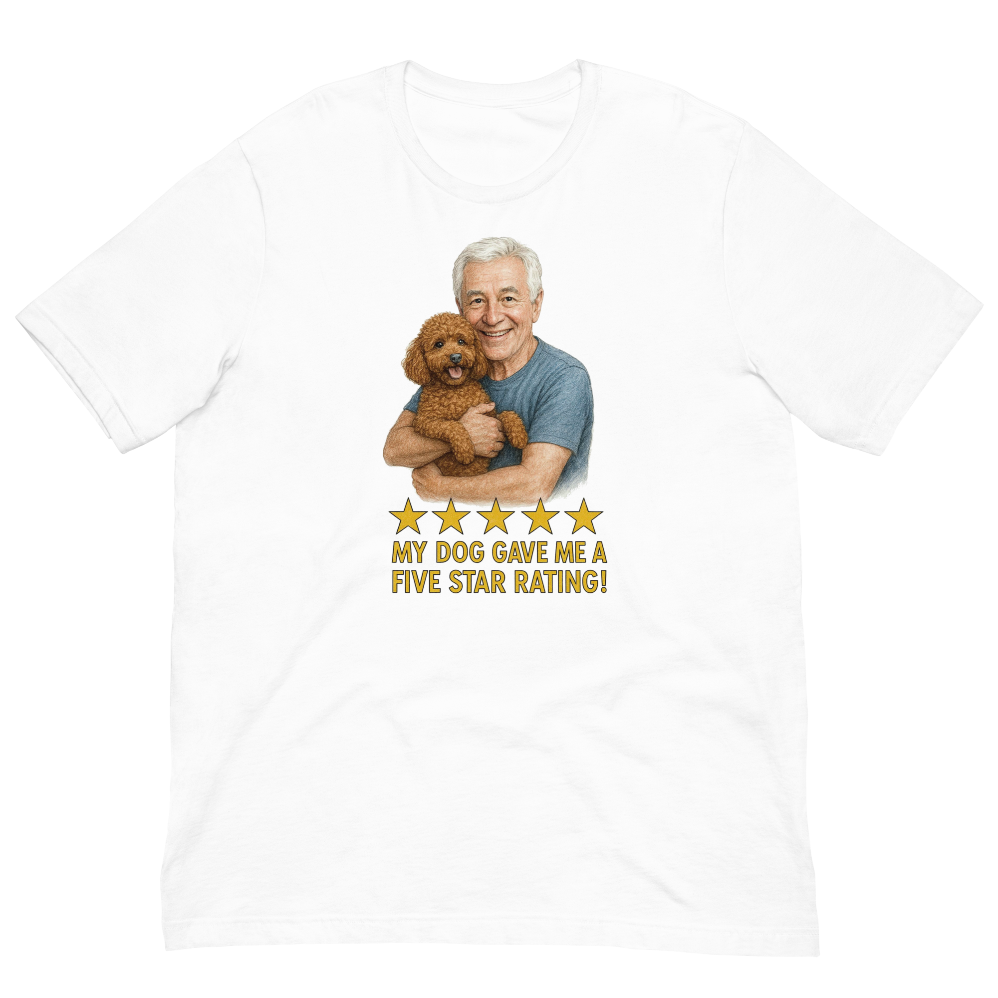 White Hair Man with Brown Poodle graphic tee.