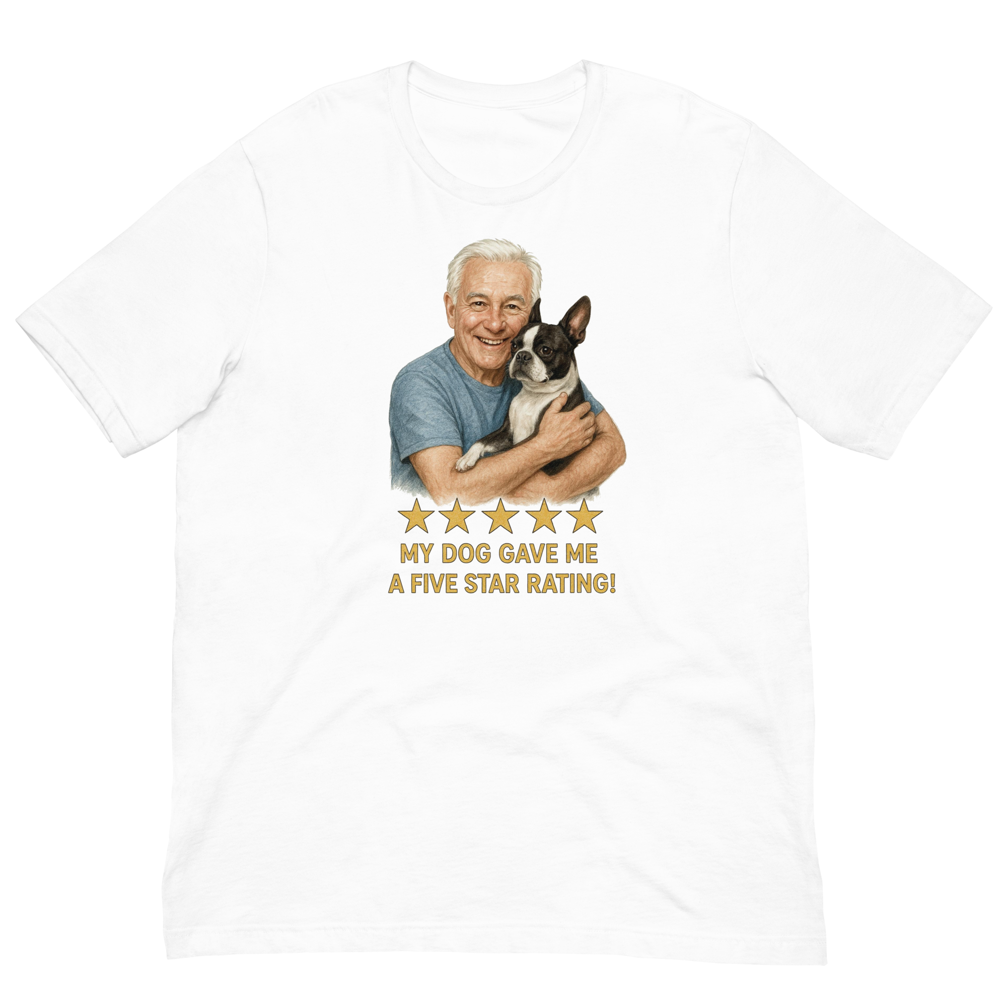 White Hair Man with Boston Terrier graphic tee.