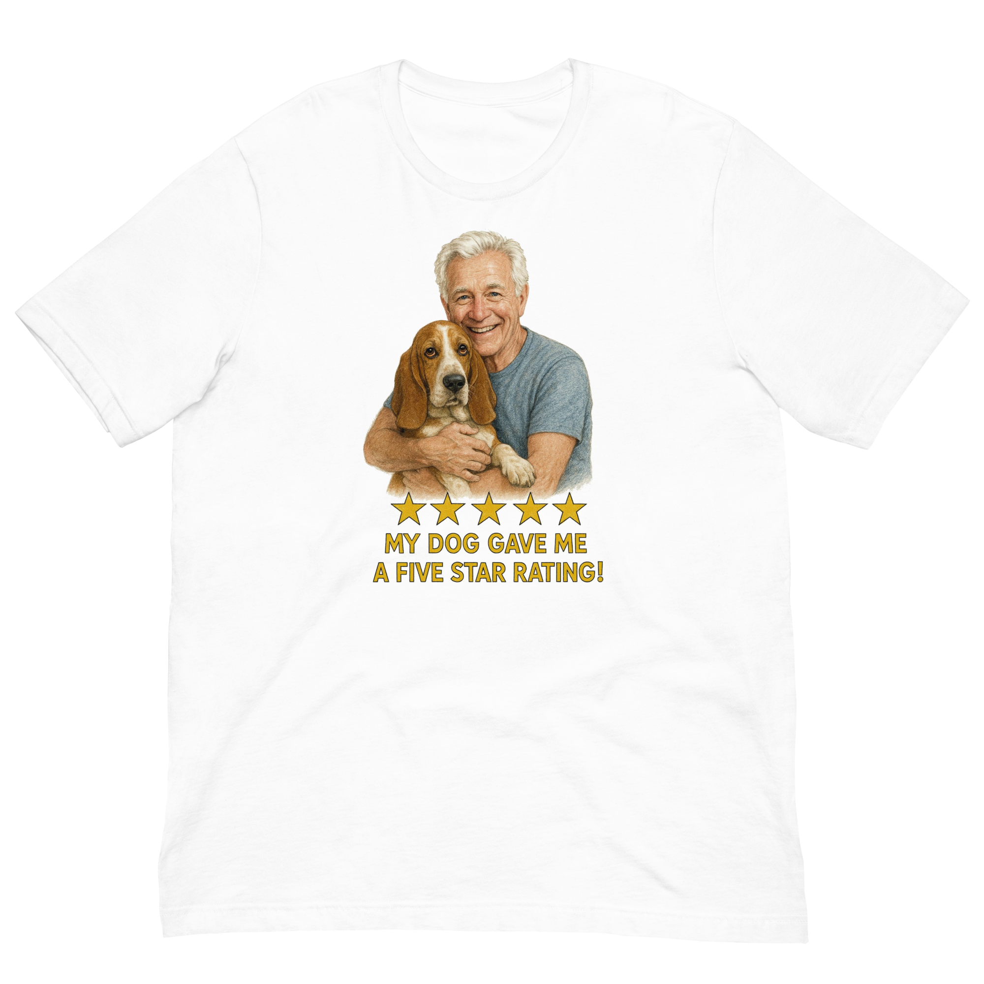 White Hair Man with Basset Hound graphic tee.
