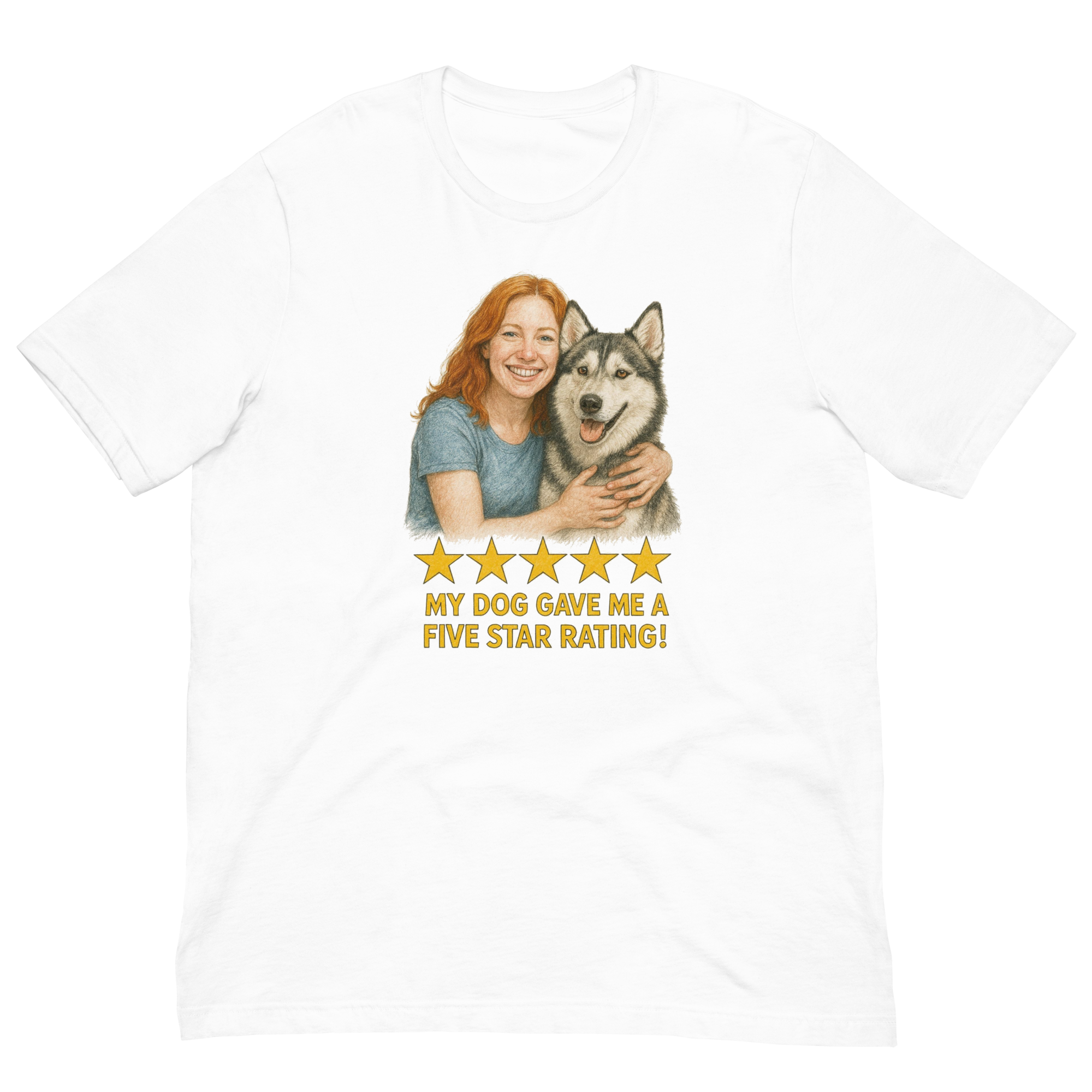 Red Hair Woman with Alaskan Husky graphic tee.