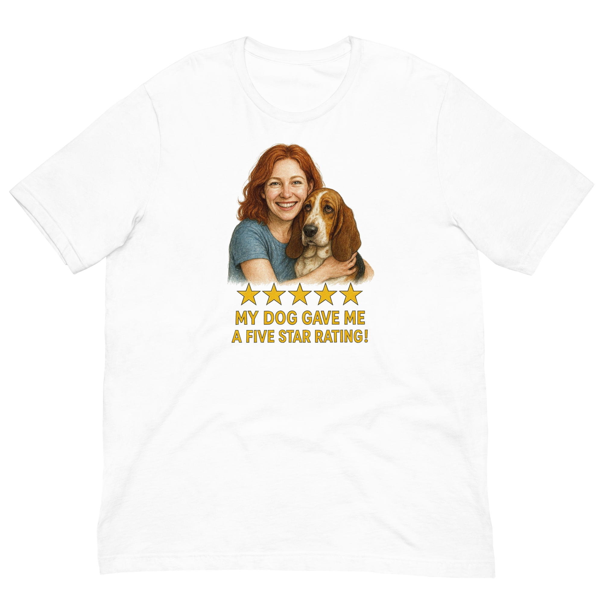 Red Hair Woman with Basset Hound graphic tee.