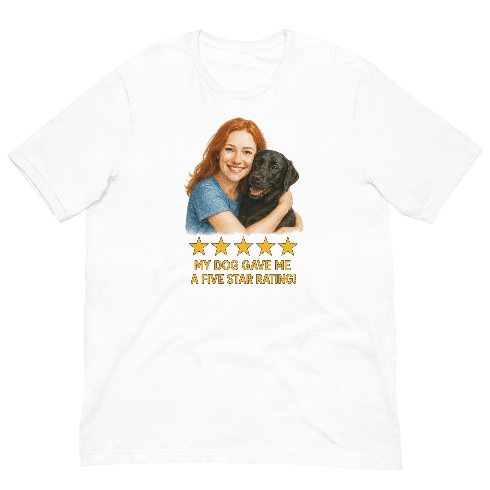 Red Hair Woman with Black Labrador graphic tee.