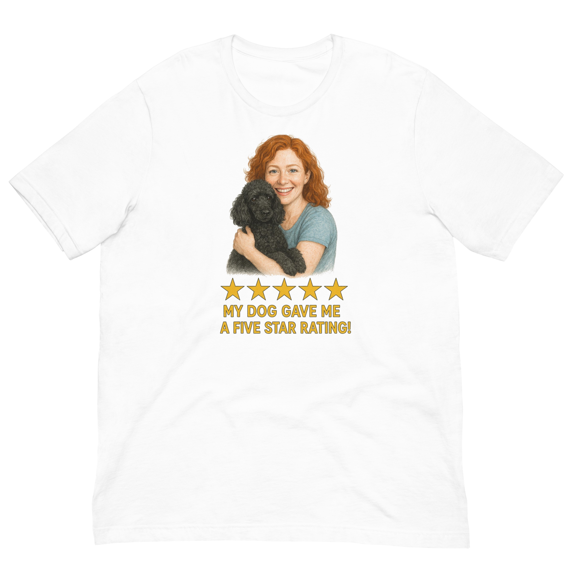Red Hair Woman with Black Poodle graphic tee.