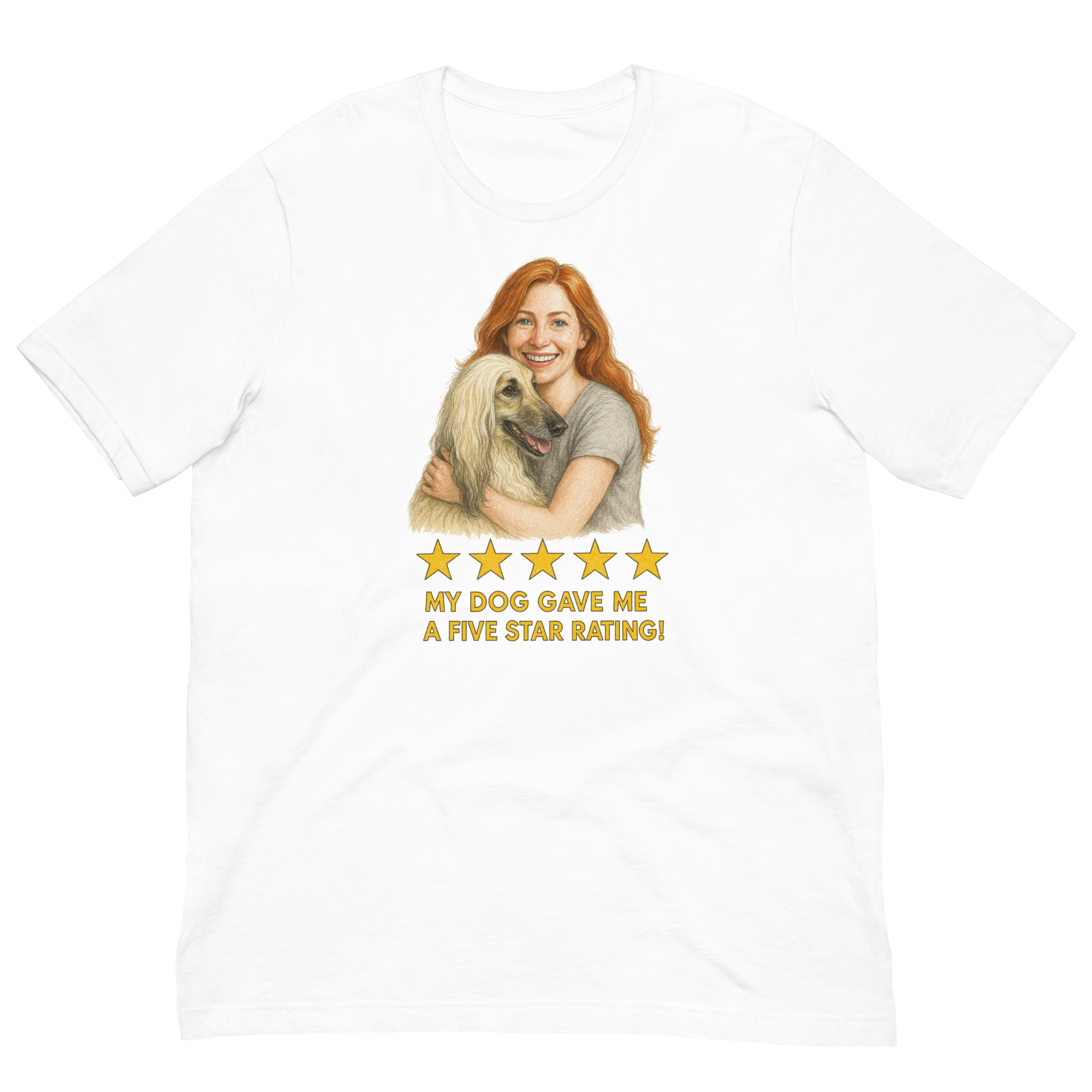 Red Hair Woman with Afghan Hound graphic tee.