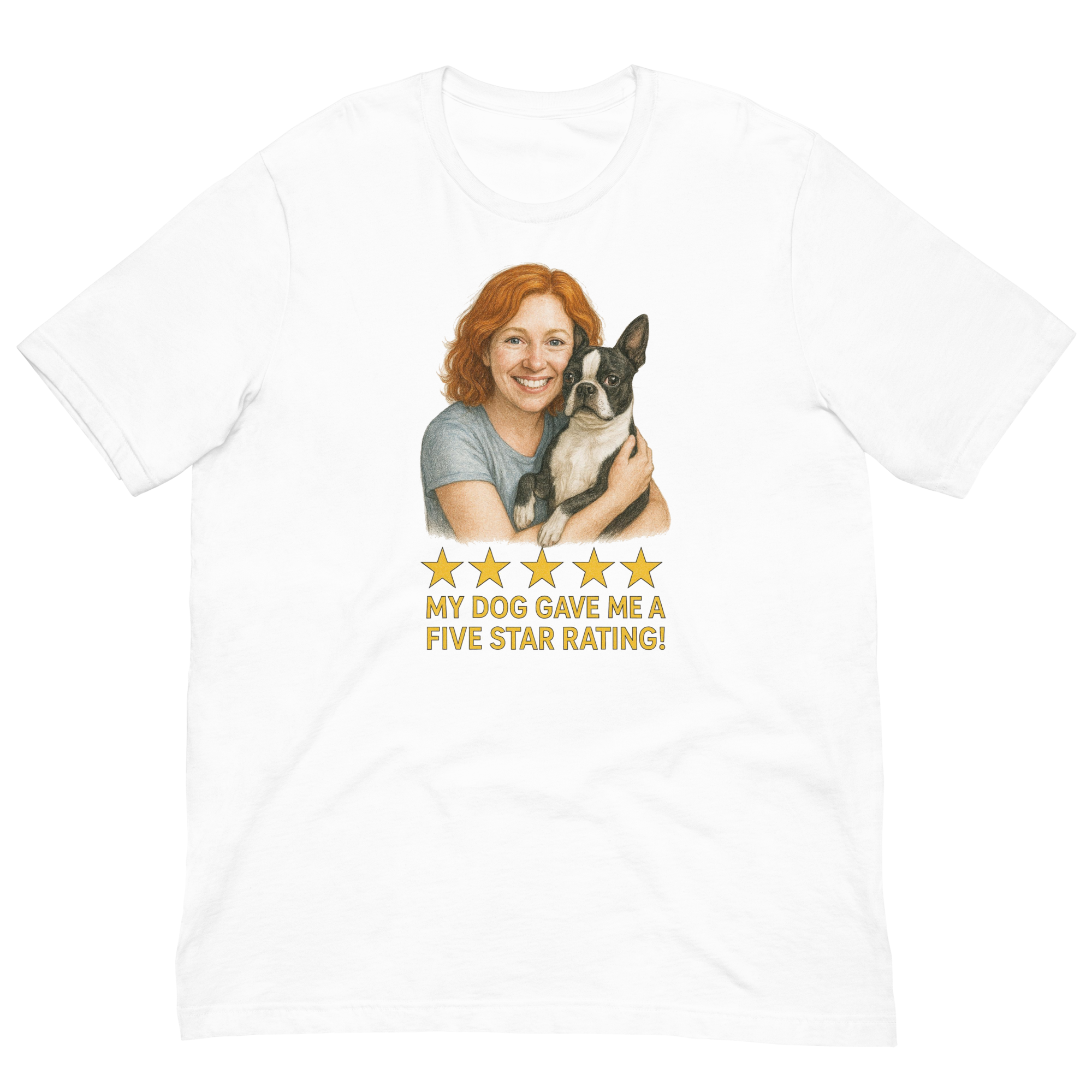 Red Hair Woman with Boston Terrier graphic tee.