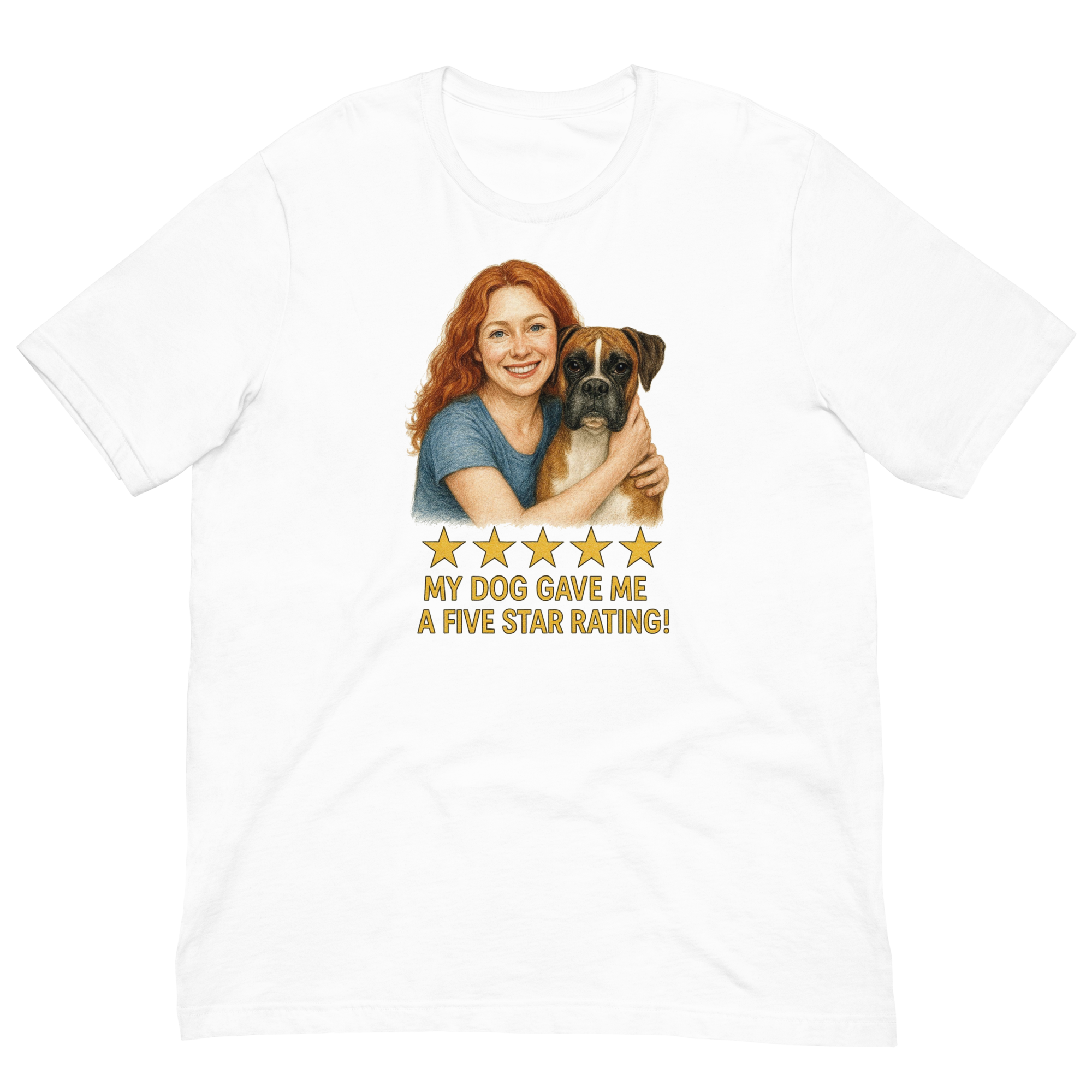 Red Hair Woman with Boxer graphic tee.