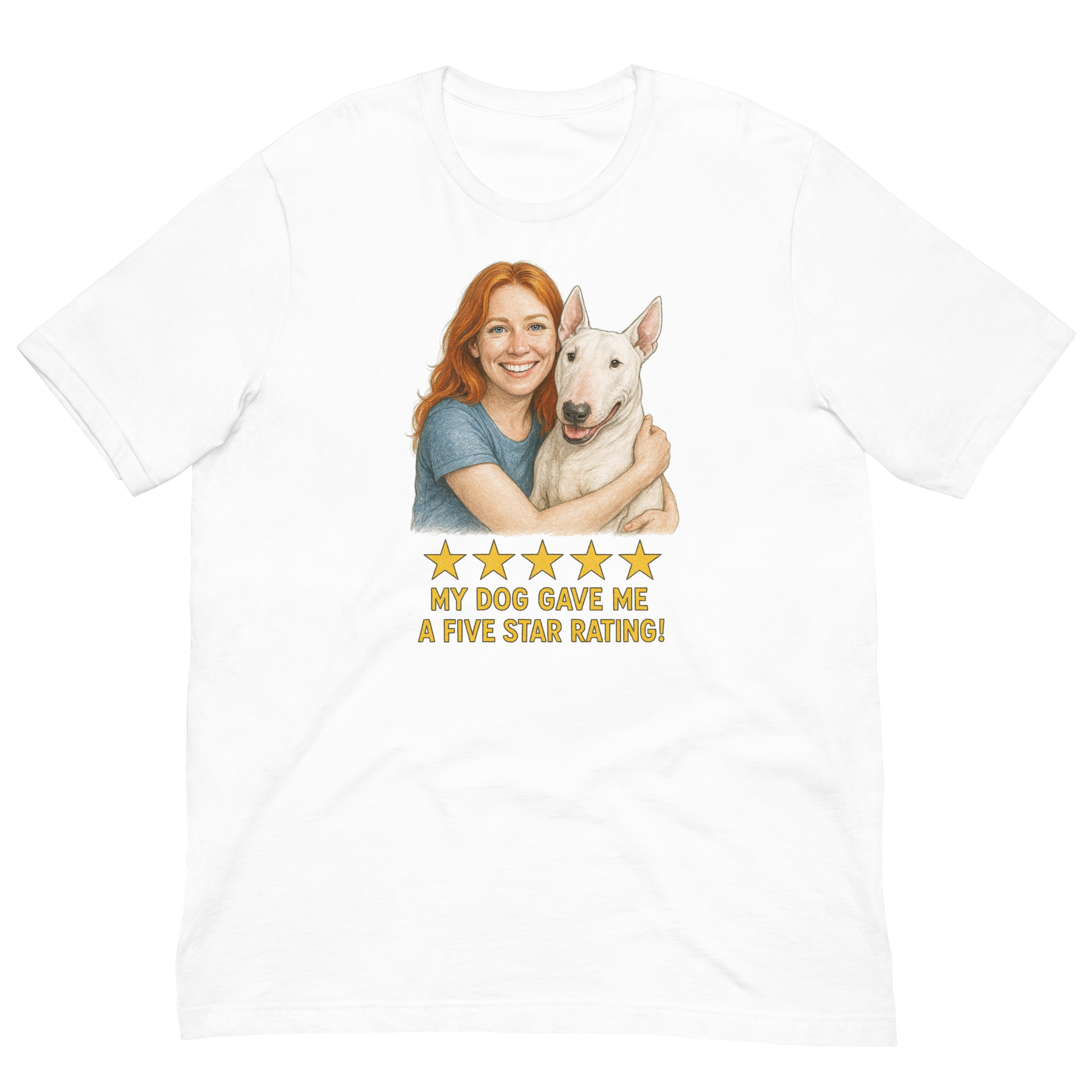 Red Hair Woman with Bull Terrier graphic tee.