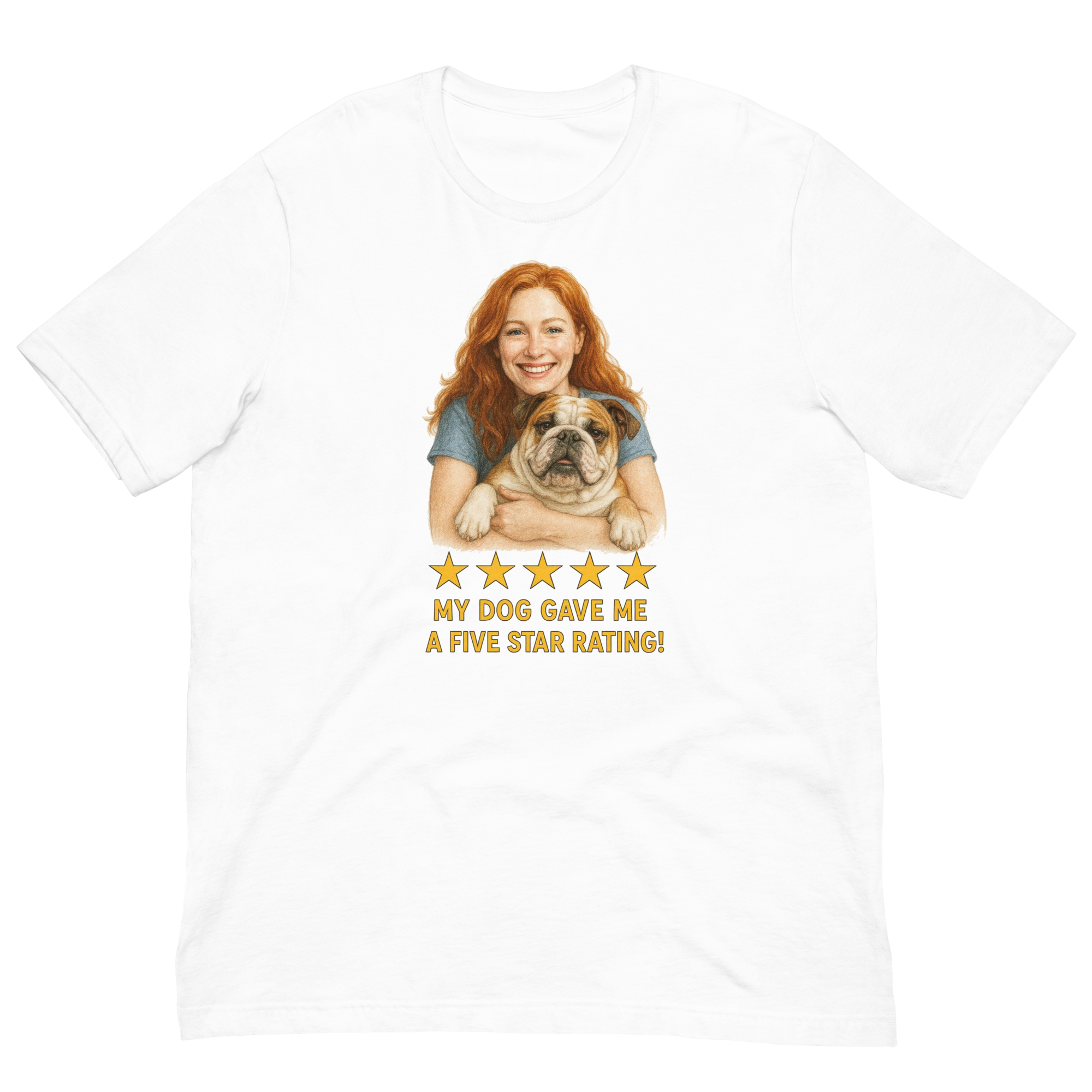 Red Hair Woman with Bulldog graphic tee.