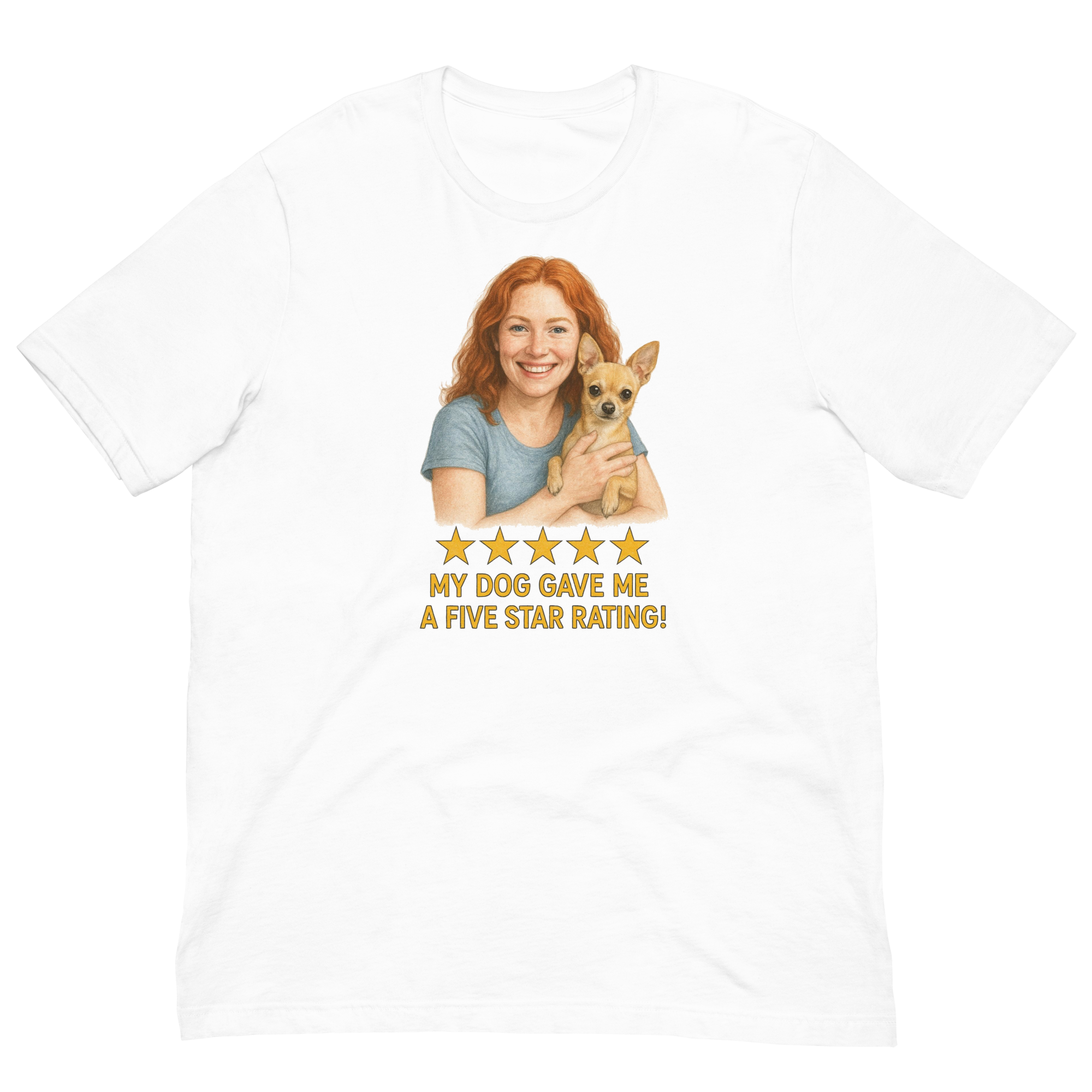 Red Hair Woman with Chihuahua graphic tee.
