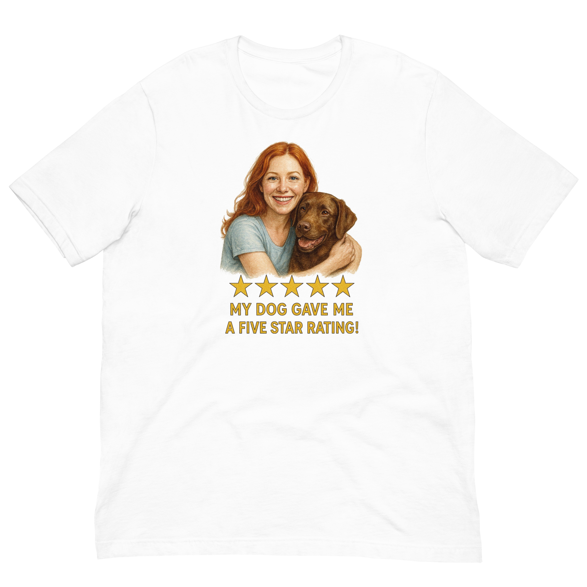 Red Hair Woman with Cocker Spaniel graphic tee.
