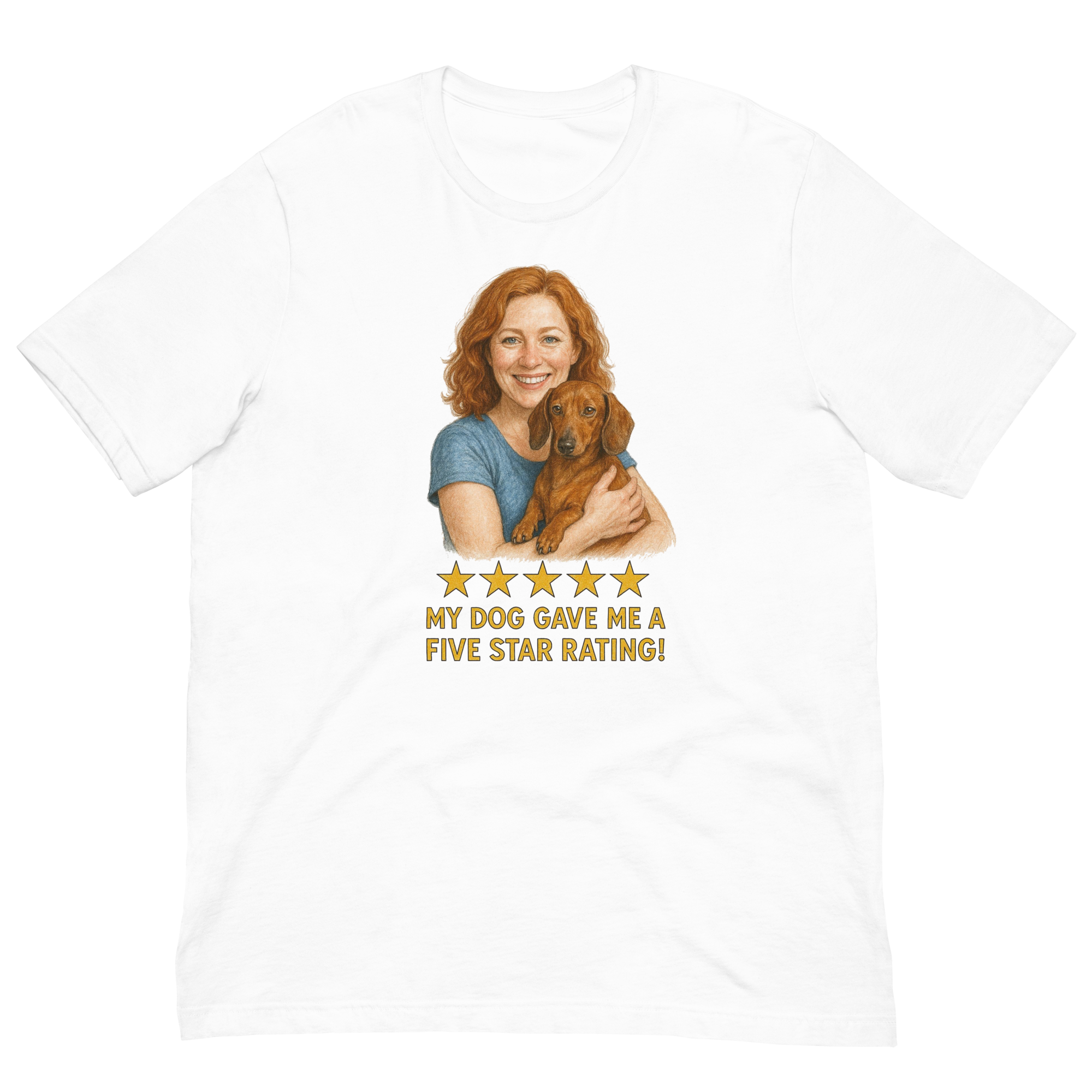 Red Hair Woman with Dachshund graphic tee.
