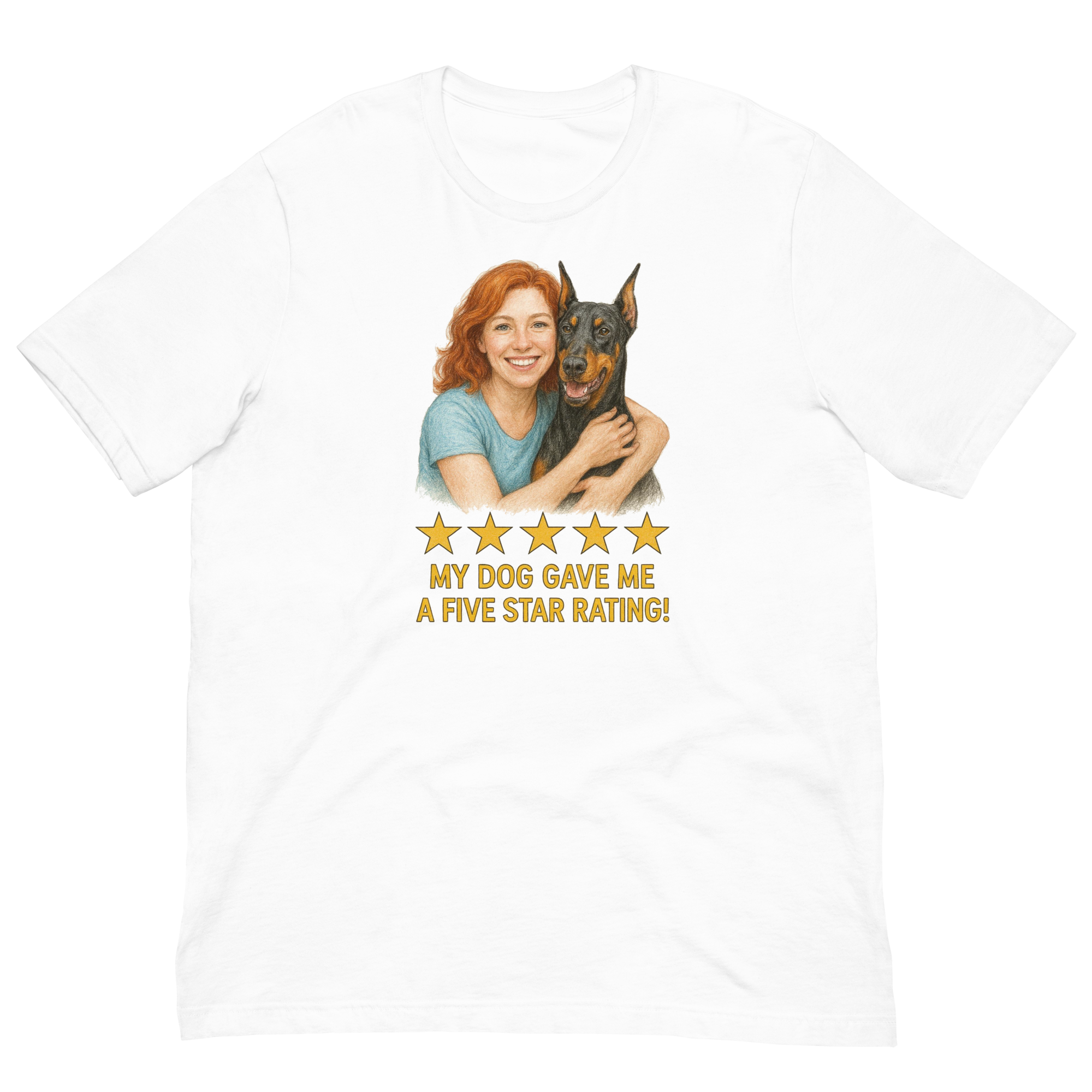 Red Hair Woman with Doberman Pinscher graphic tee.