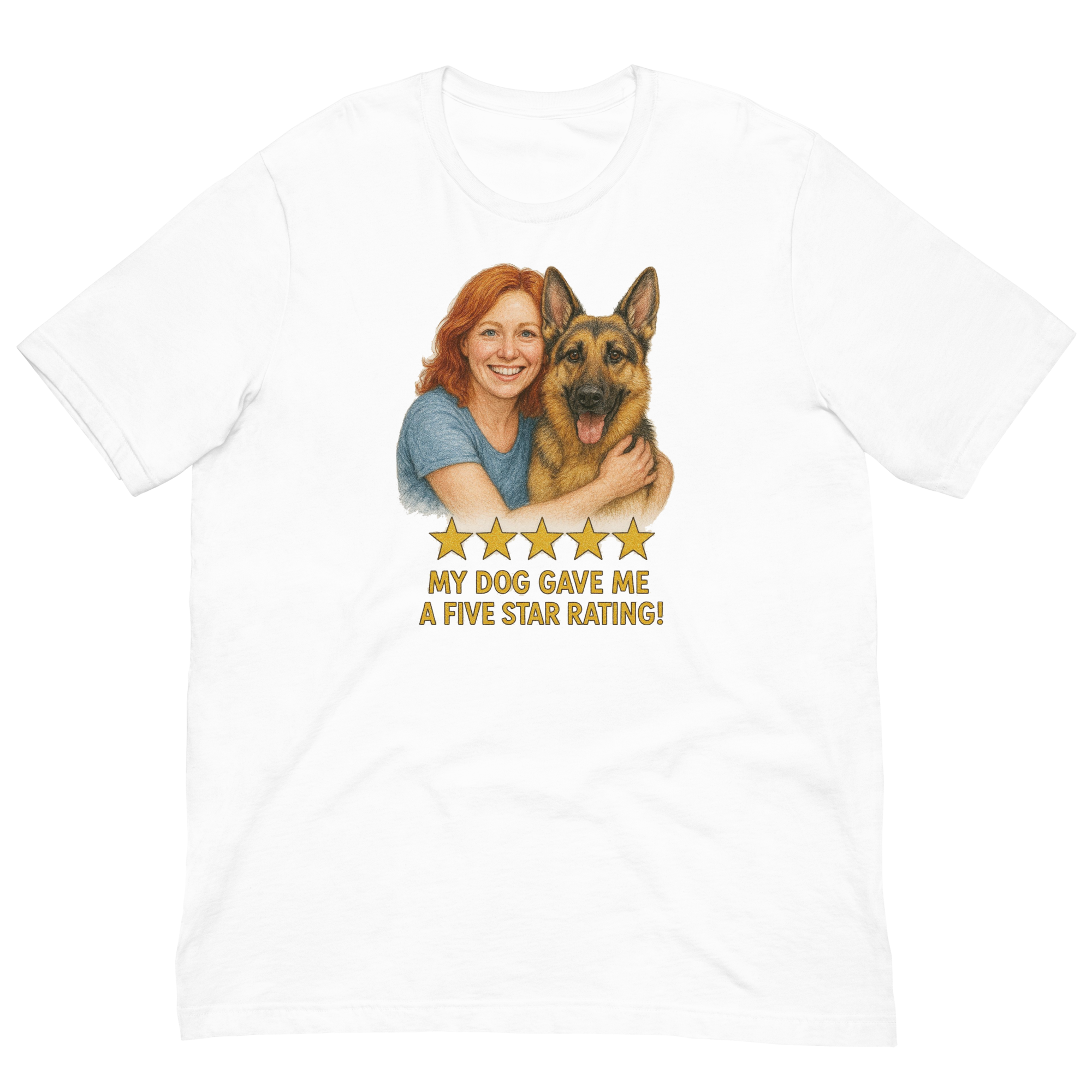 Red Hair Woman with German Shepherd graphic tee.