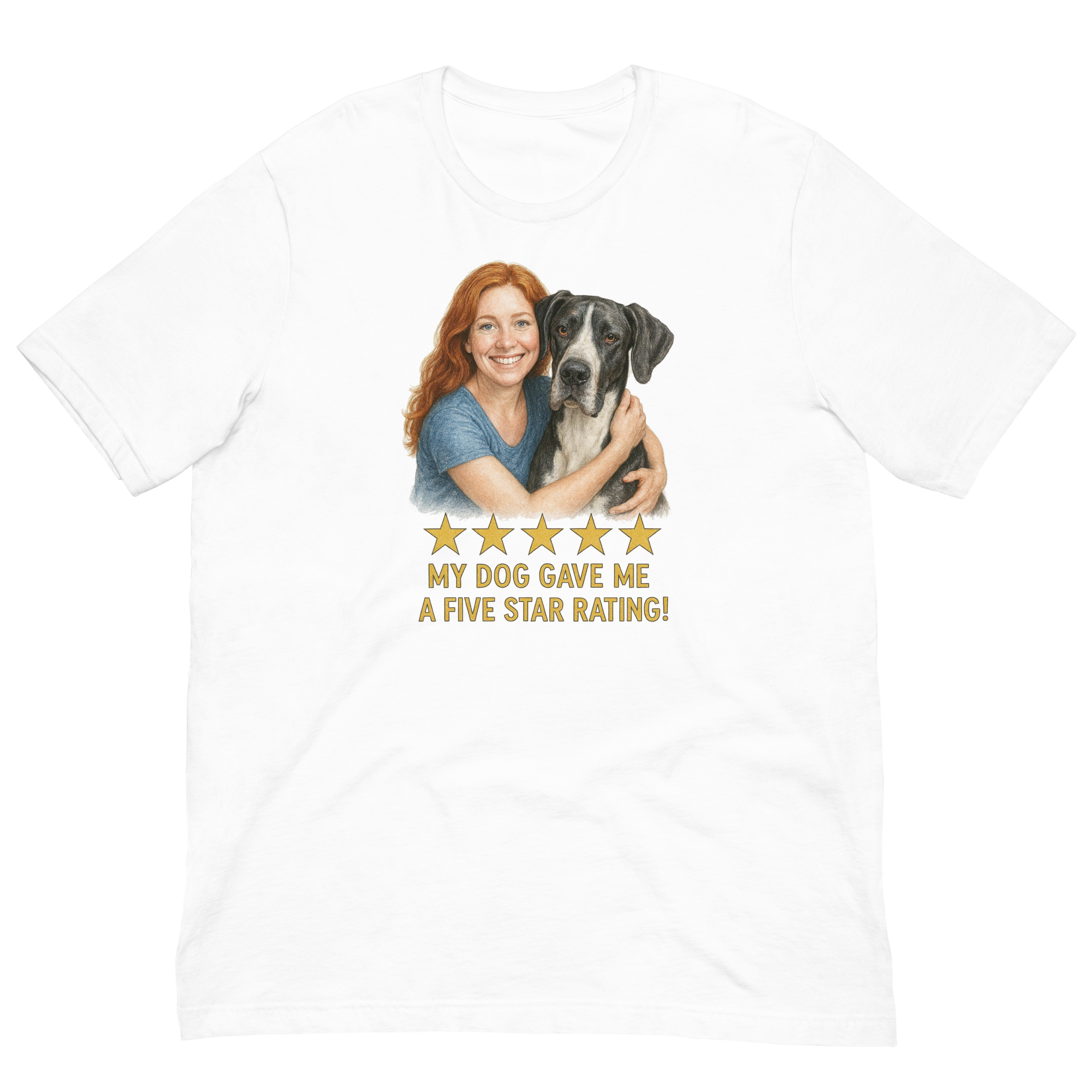 Red Hair Woman with Great Dane graphic tee.