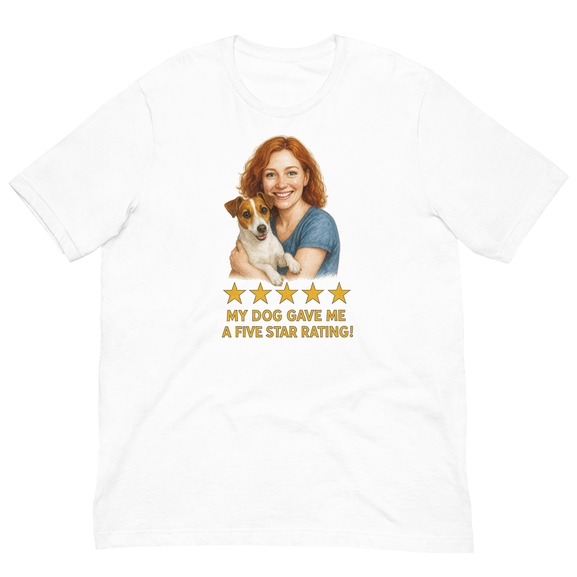 Red Hair Woman with Jack Russell Terrier graphic tee.