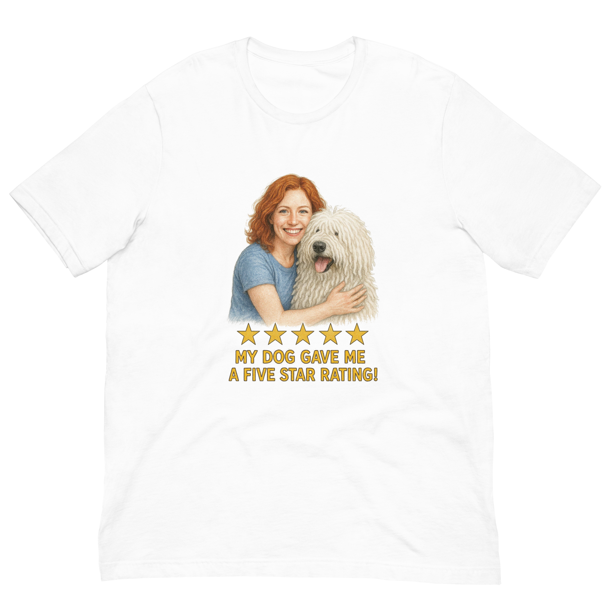 Red Hair Woman with Komondor graphic tee.