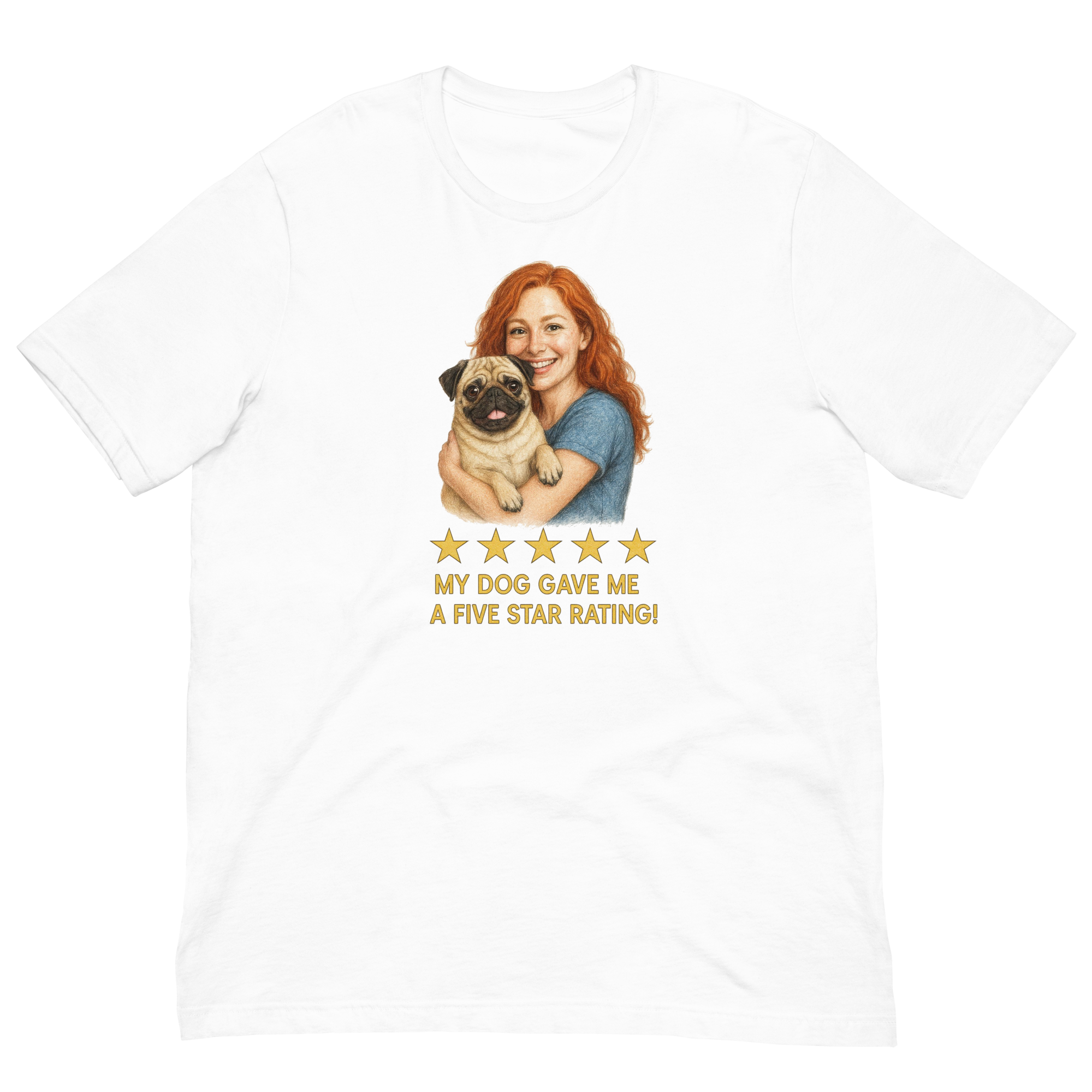 Red Hair Woman with Pug graphic tee.