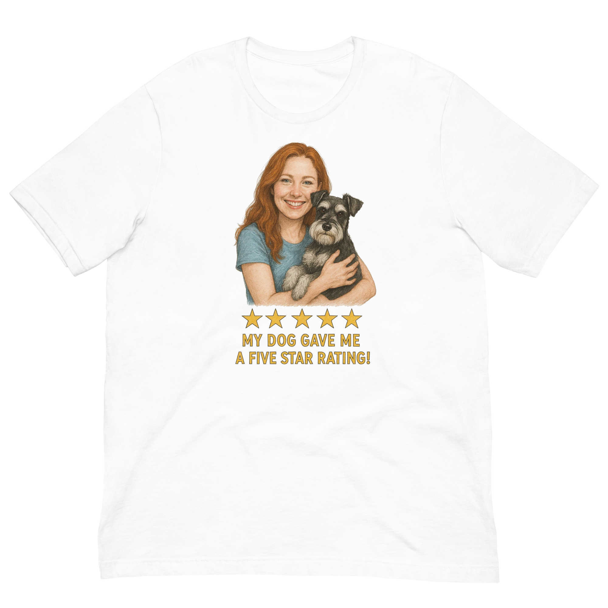 Red Hair Woman with Schnauzer graphic tee.