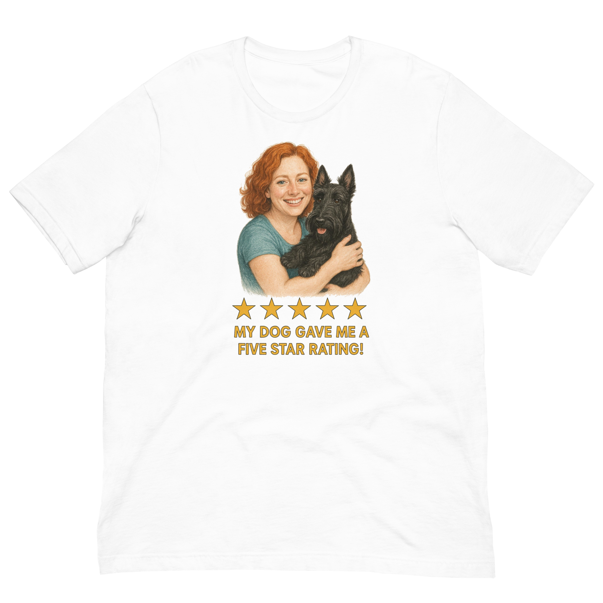 Red Hair Woman with Scottie graphic tee.