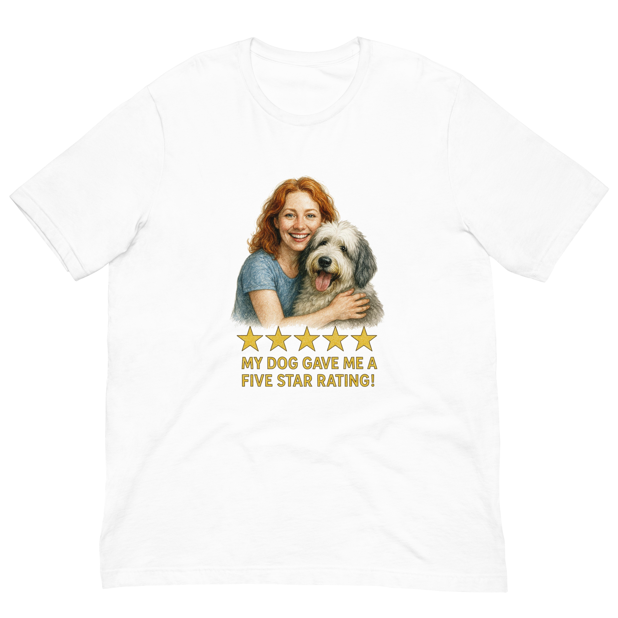 Red Hair Woman with Sheepdog graphic tee.