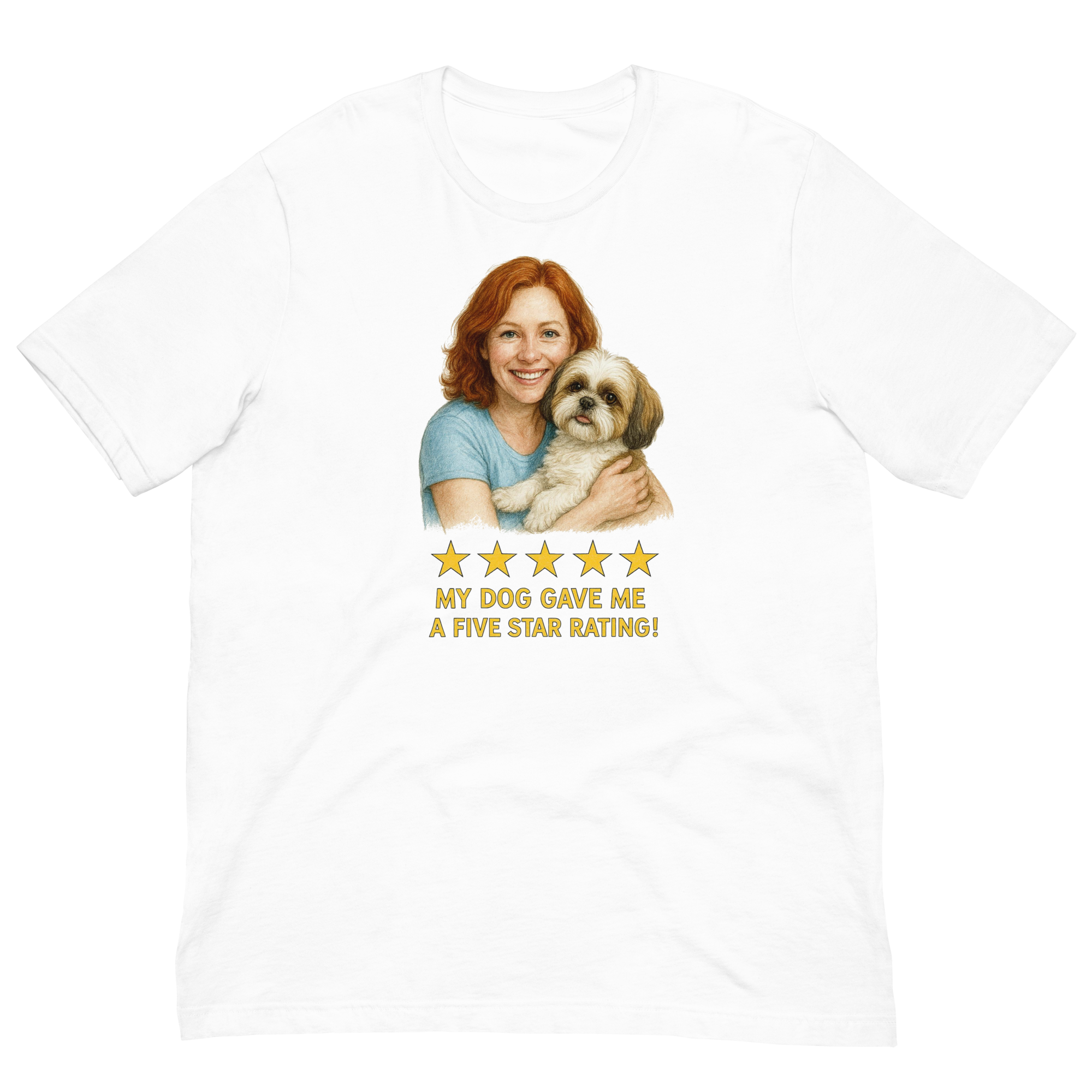 Red Hair Woman with Shih Tzu graphic tee.