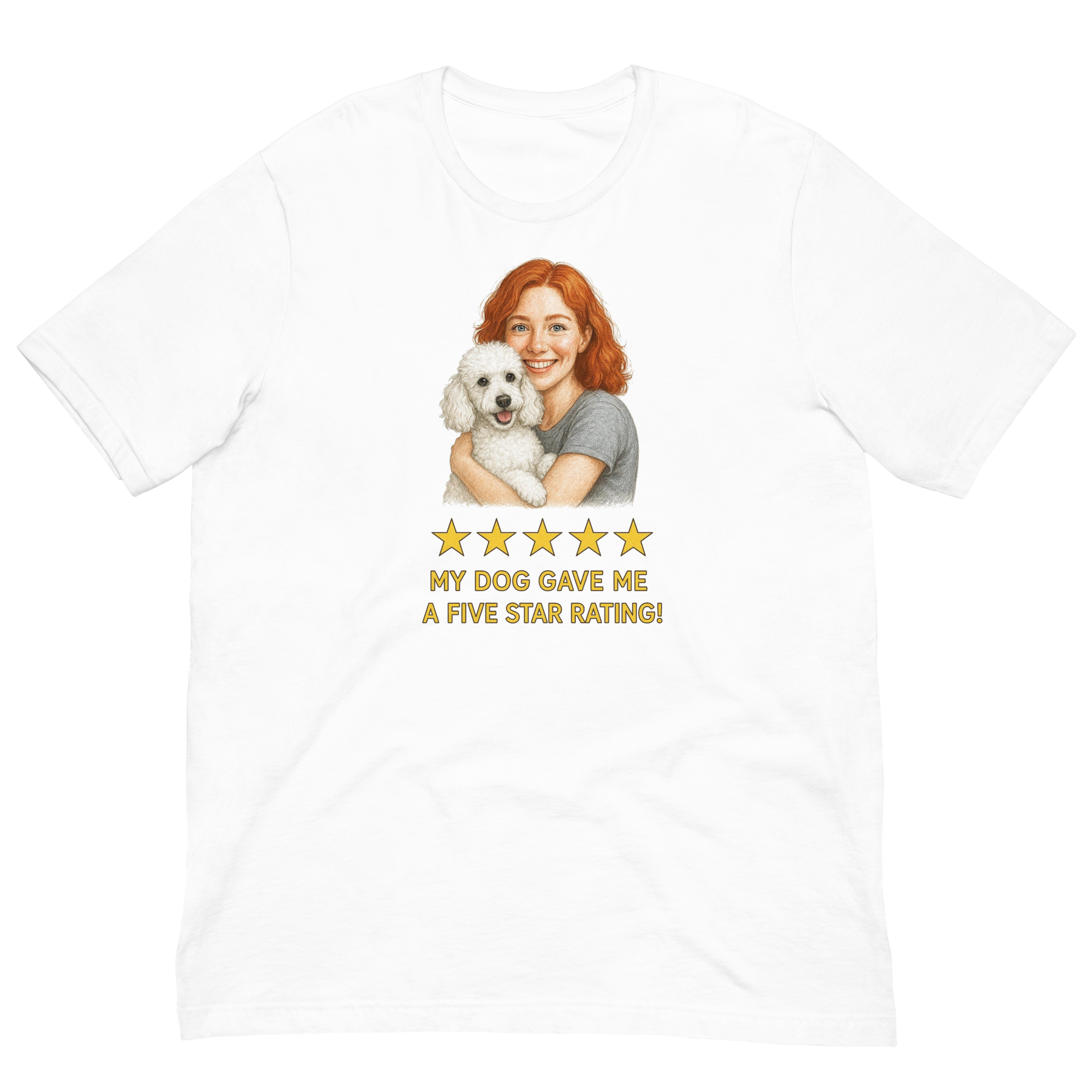 Red Hair Woman with White Poodle graphic tee.