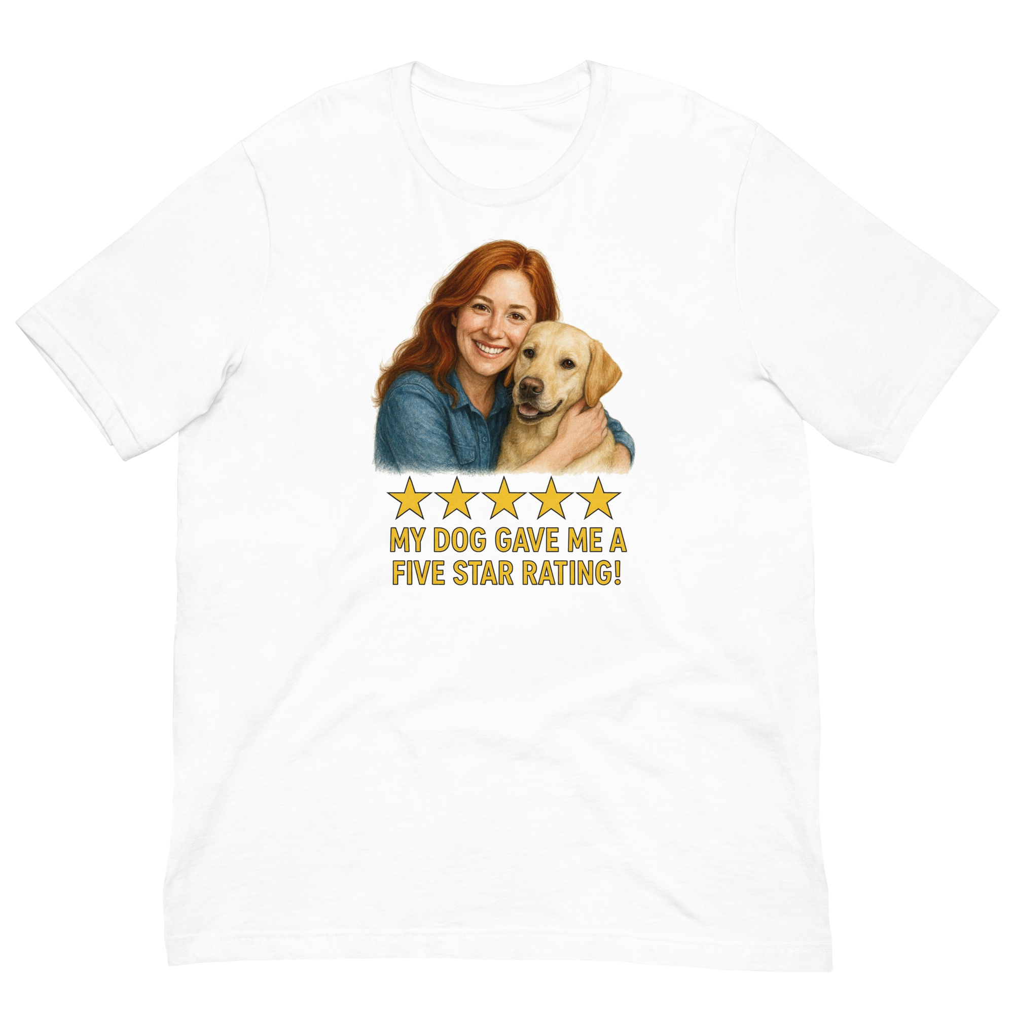 Red Hair Woman with Yellow Labrador graphic tee.