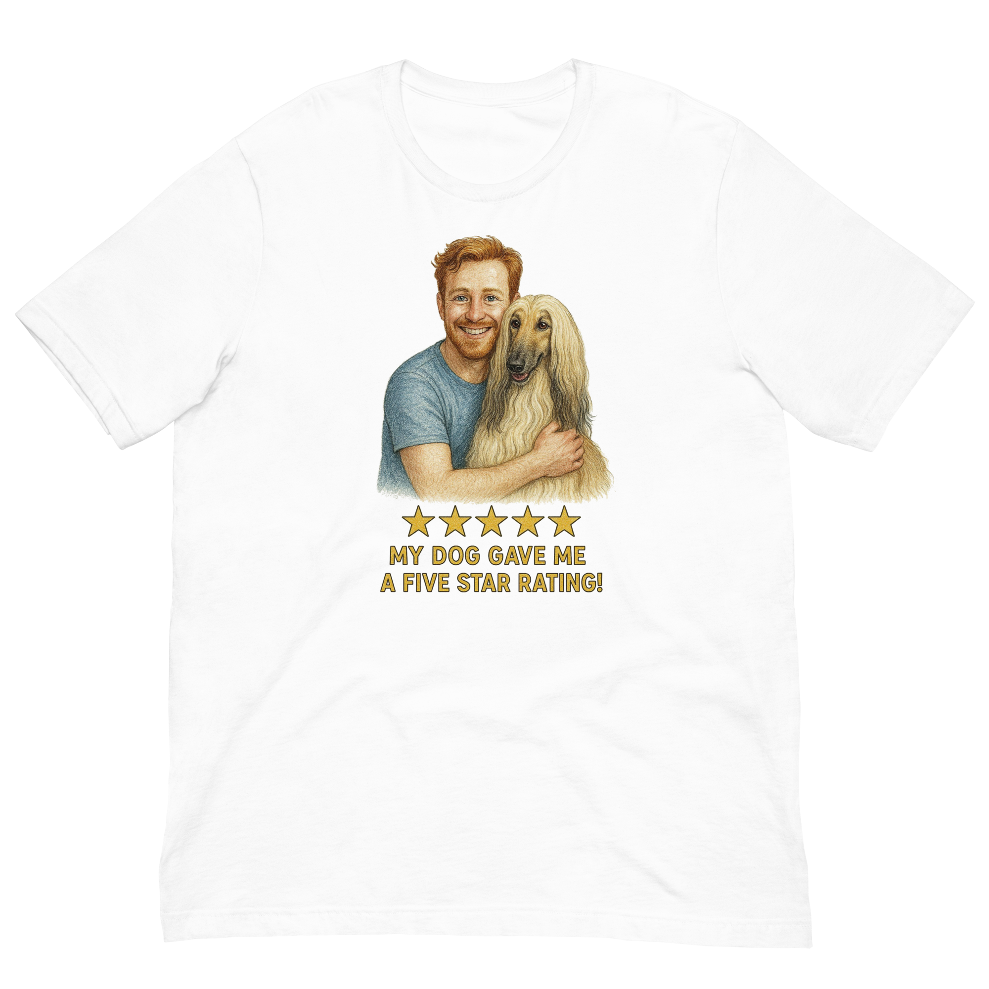Red Hair Man with Afghan Hound graphic tee.