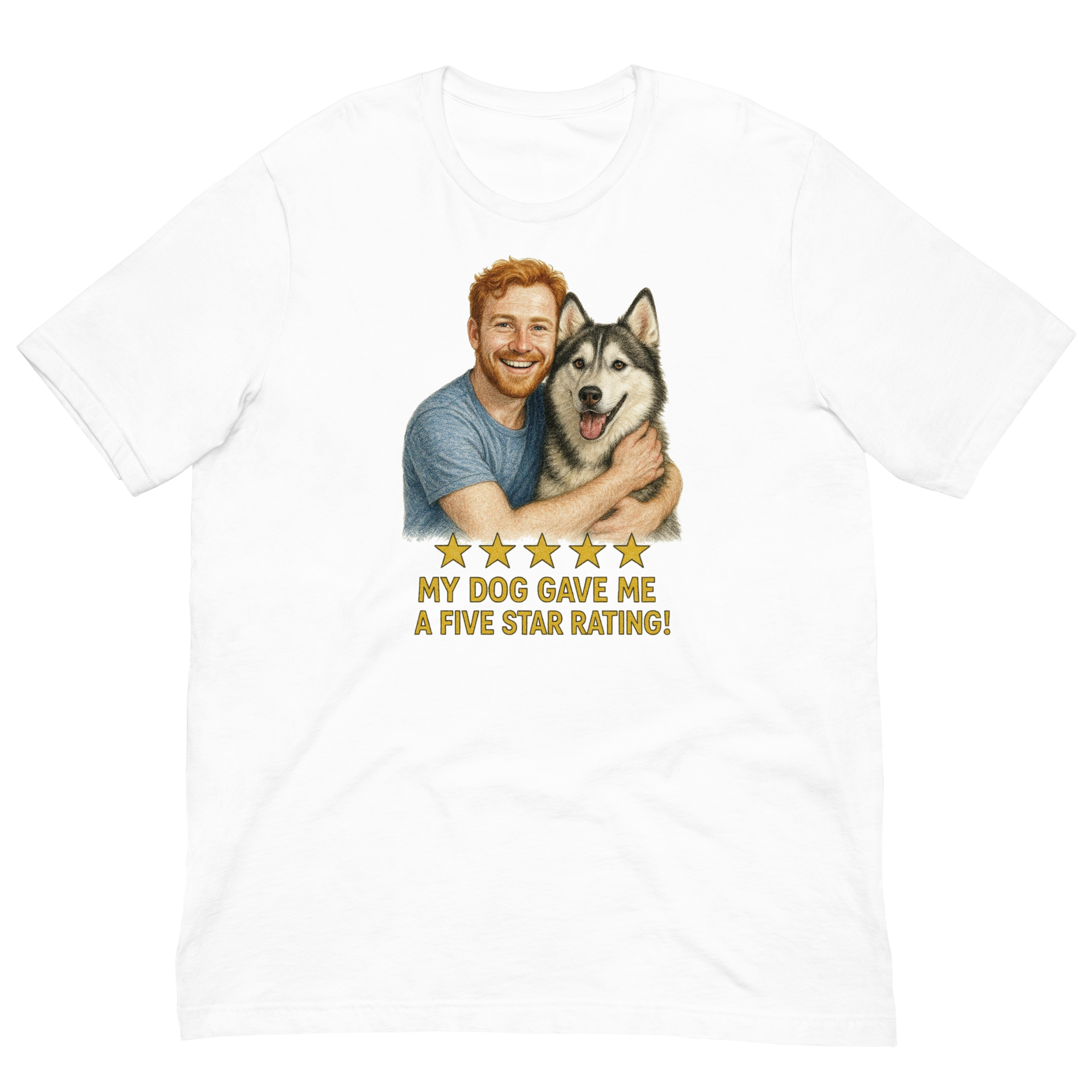 Red Hair Man with Alaskan Husky graphic tee.