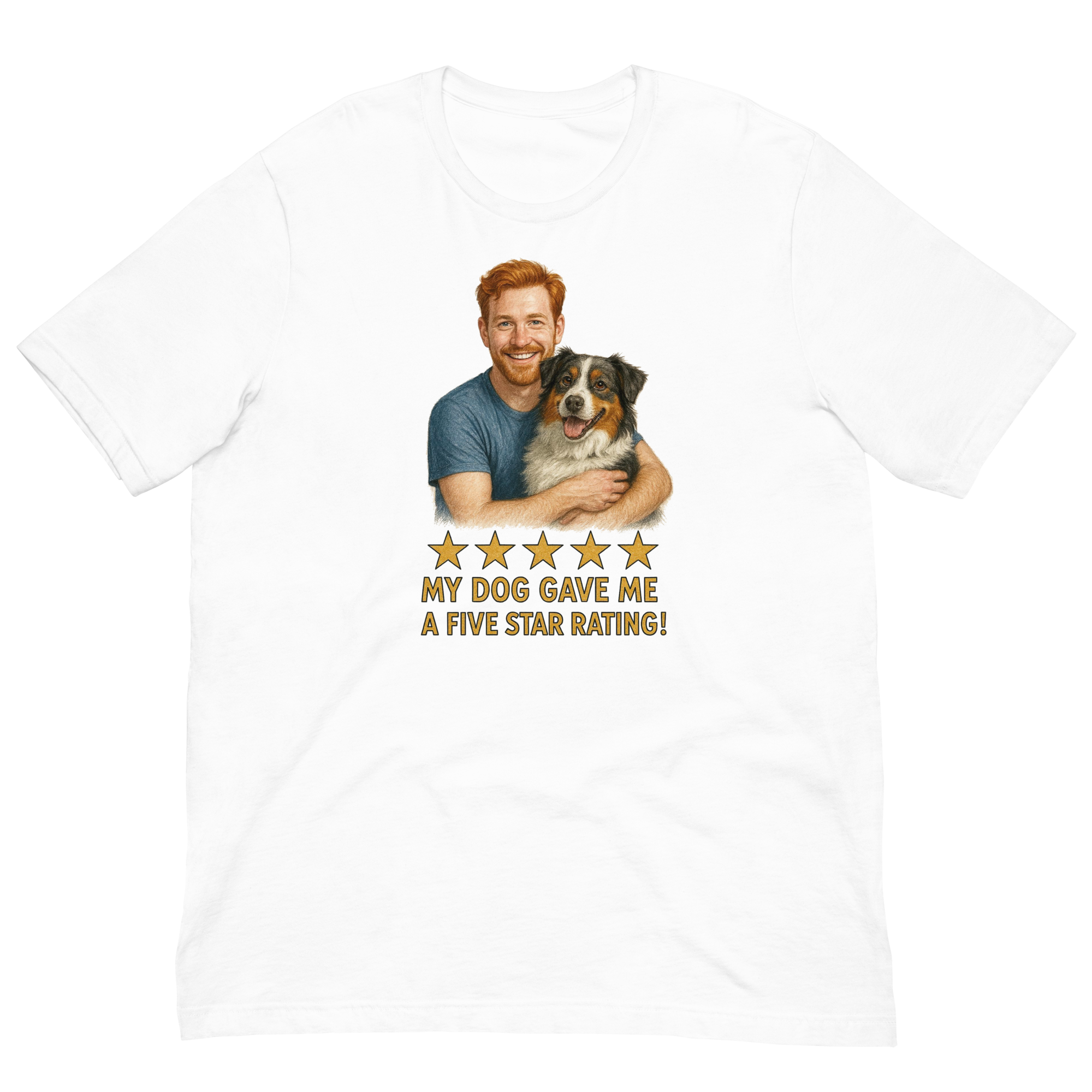 Red Hair Man with Australian Shepherd graphic tee.