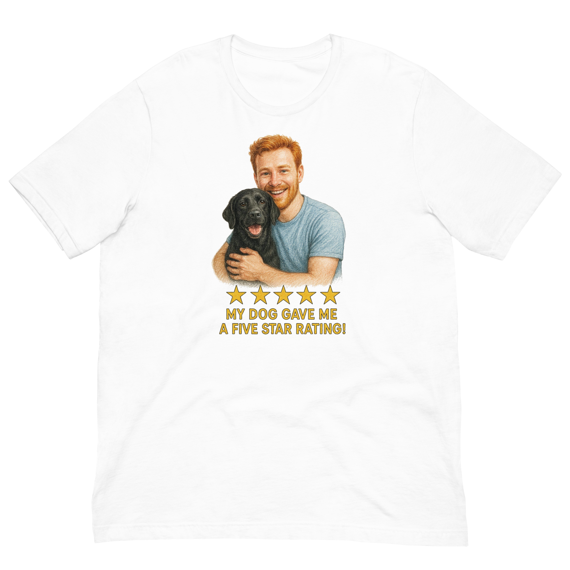 Red Hair Man with Black Labrador graphic tee.