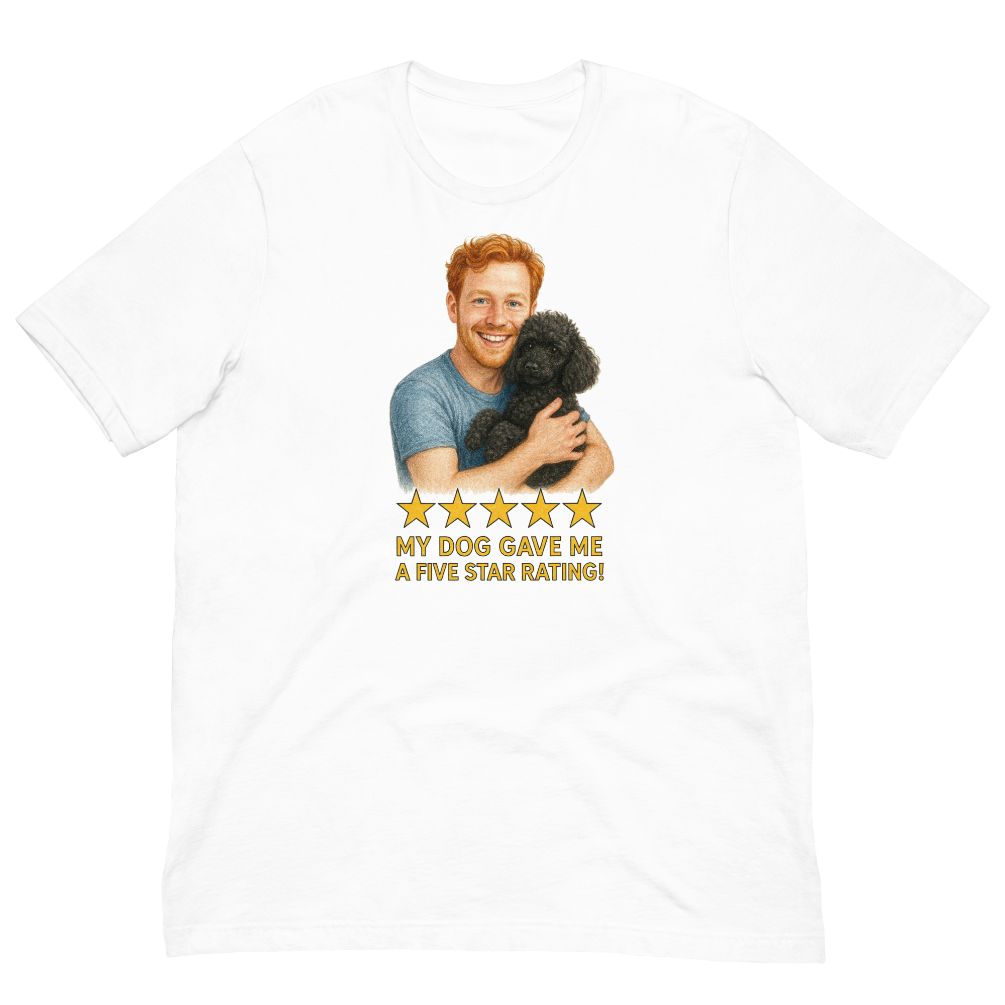 Red Hair Man with Black Poodle graphic tee.