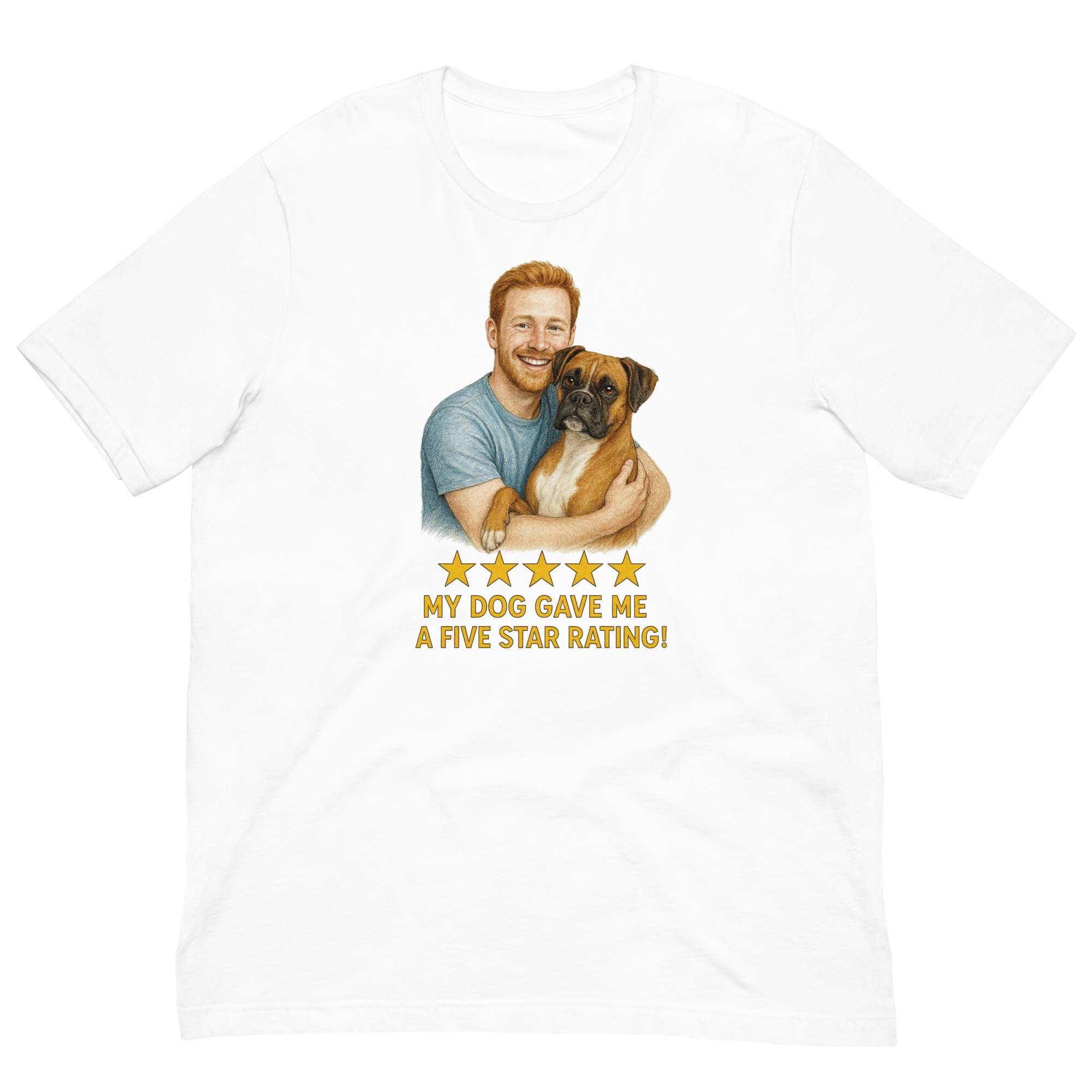 Red Hair Man with Boxer graphic tee.