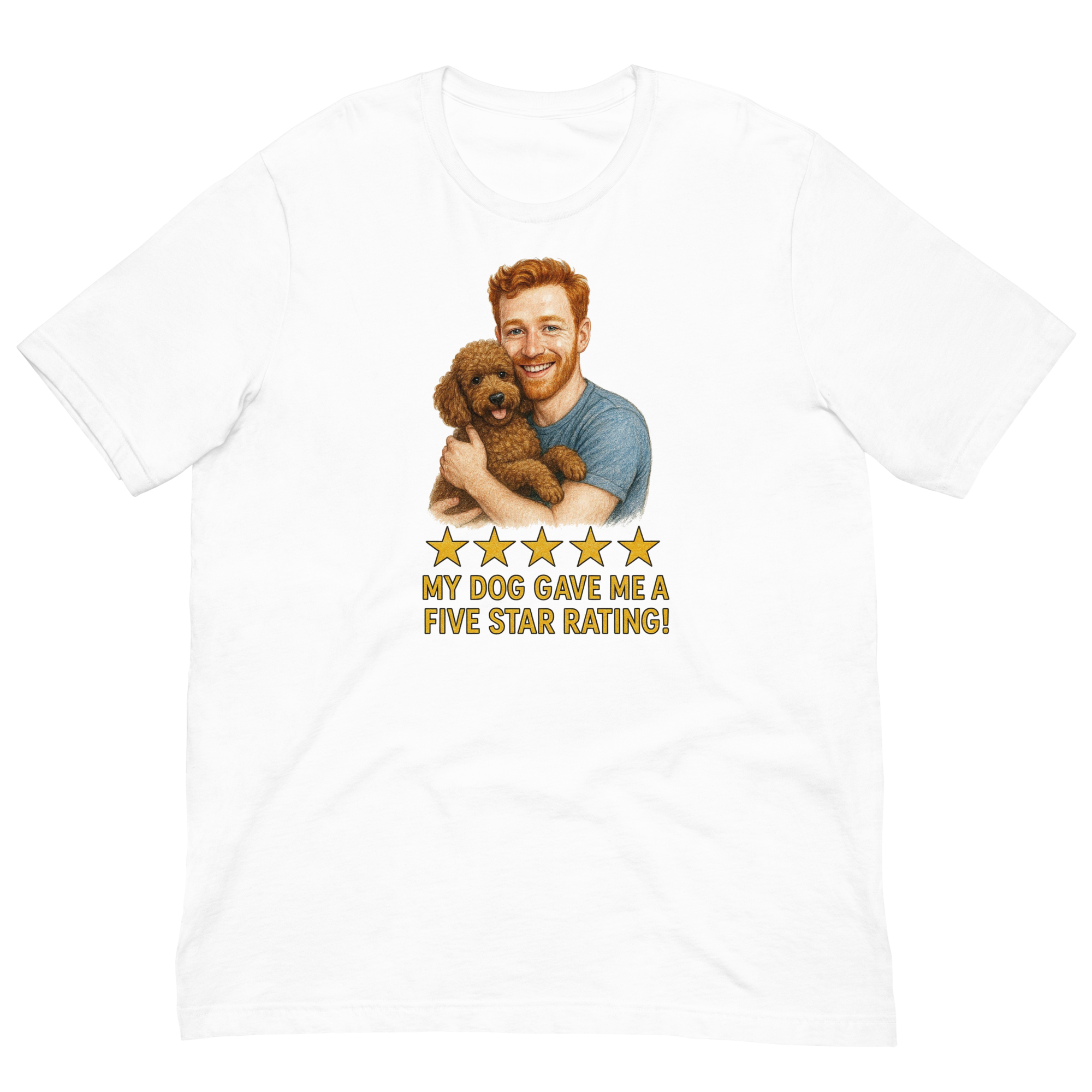 Red Hair Man with Brown Poodle graphic tee.