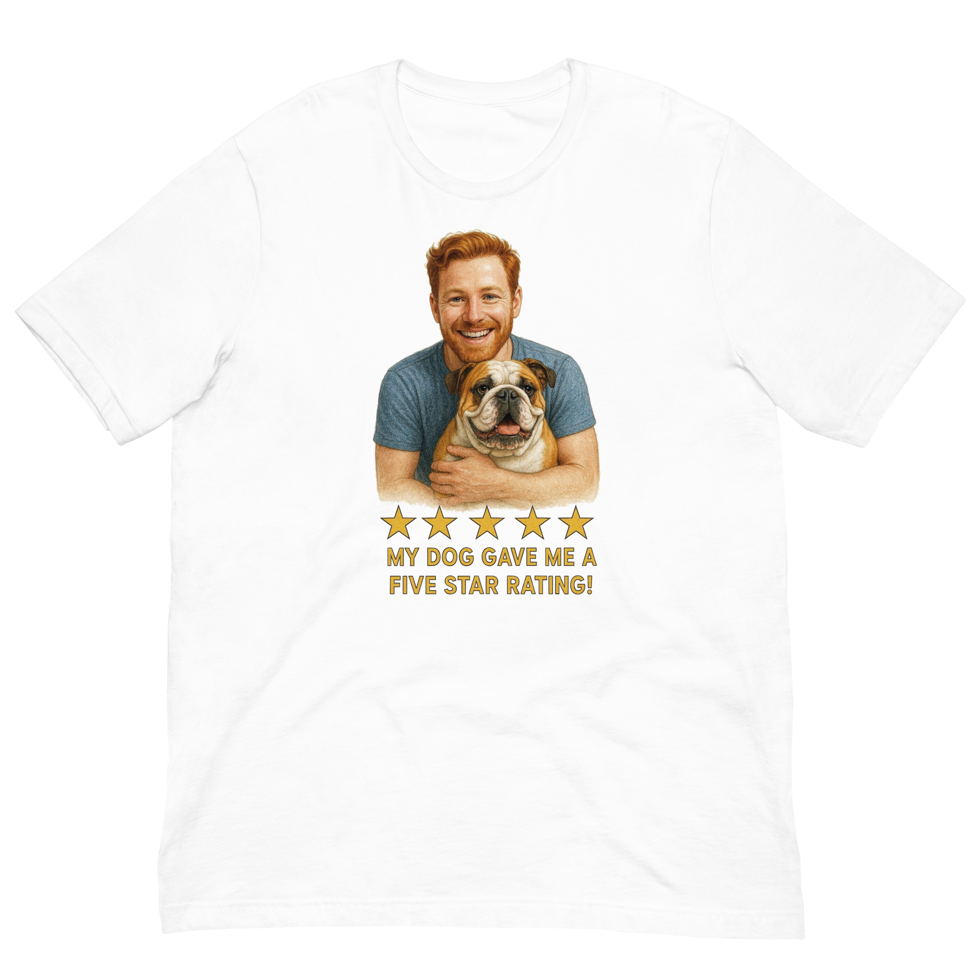 Red Hair Man with Bulldog graphic tee.