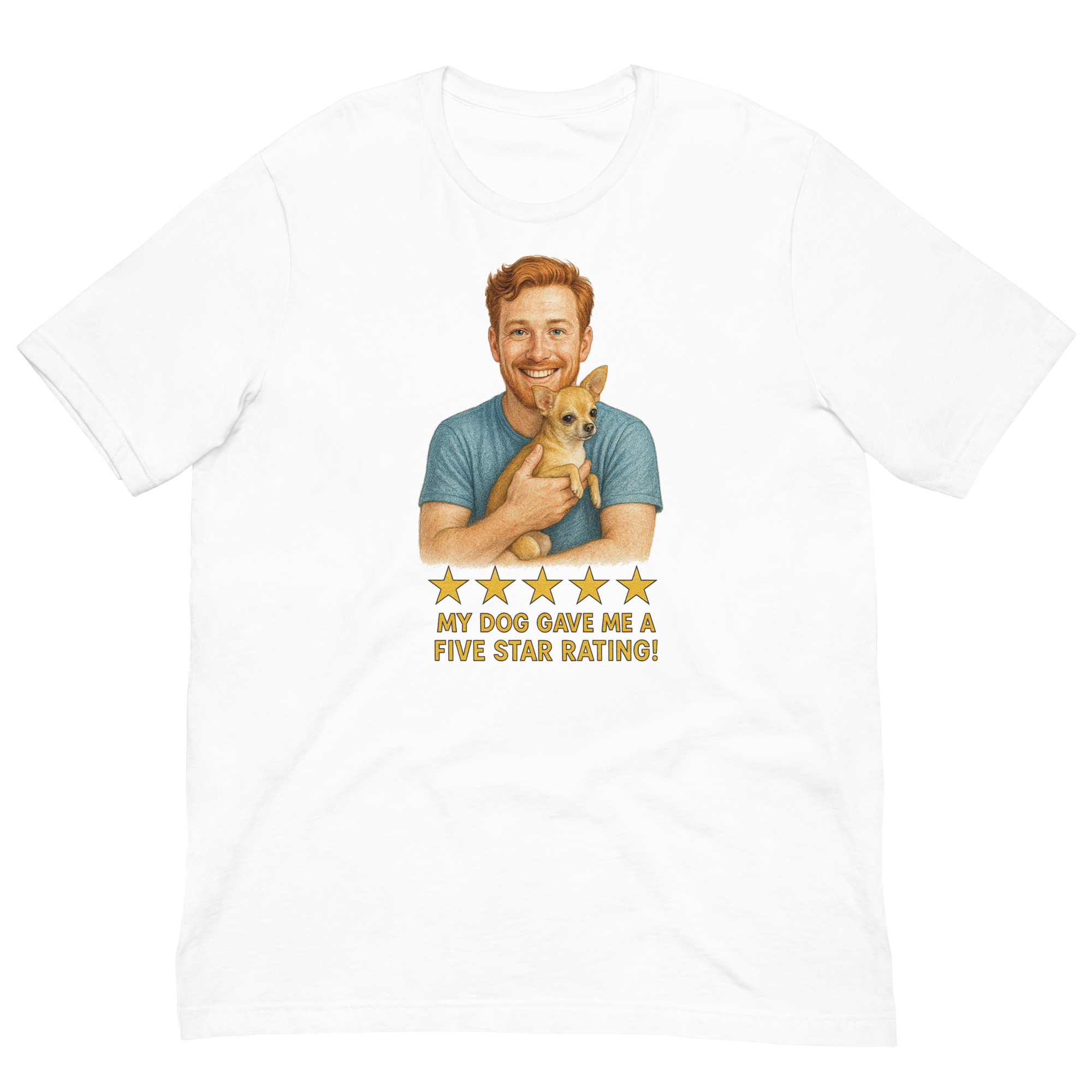 Red Hair Man with Chihuahua graphic tee.