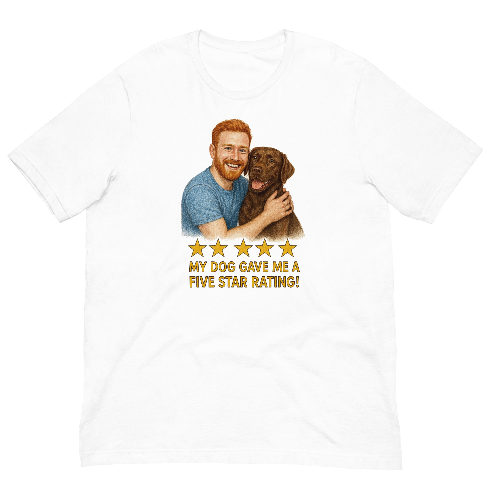 Red Hair Man with Chocolate Labrador graphic tee.