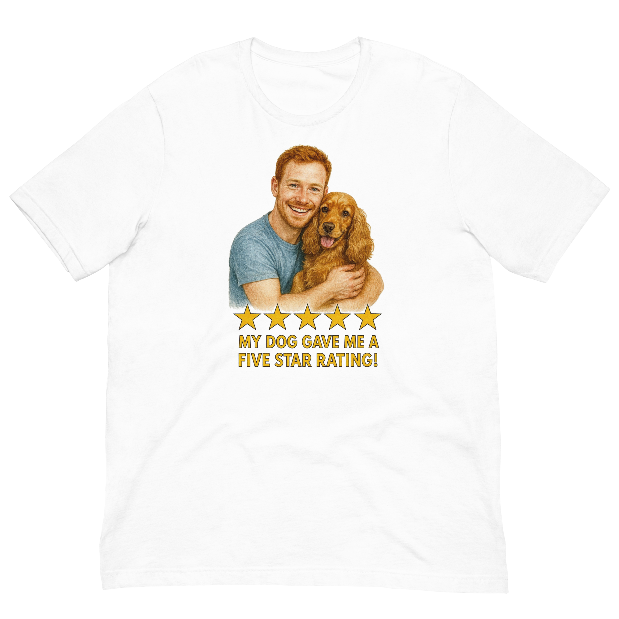 Red Hair Man with Cocker Spaniel graphic tee.